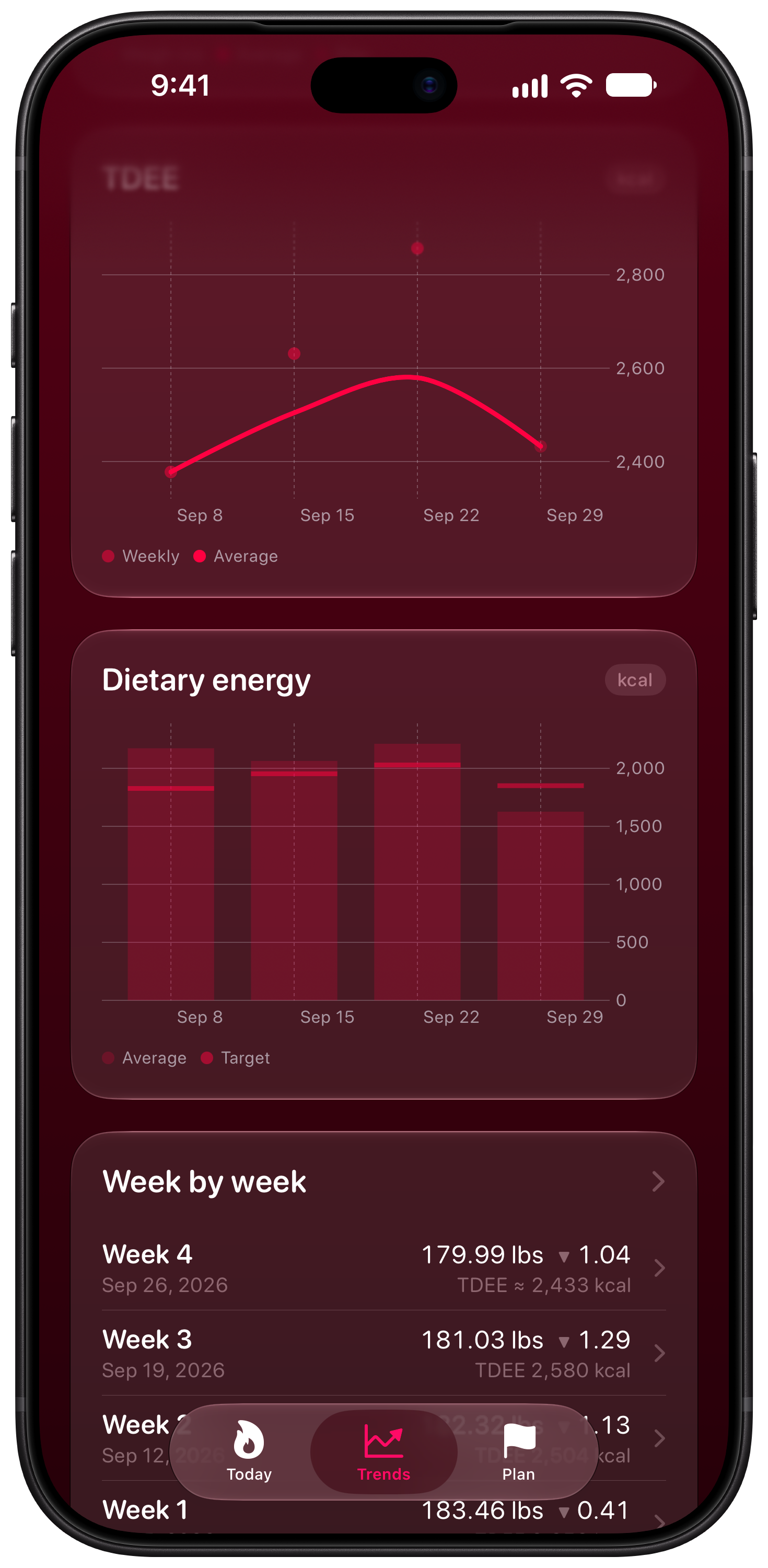 Burn Rate on iPhone 18 Pro Max showing Intake Target in the Pink tint, dark appearance.