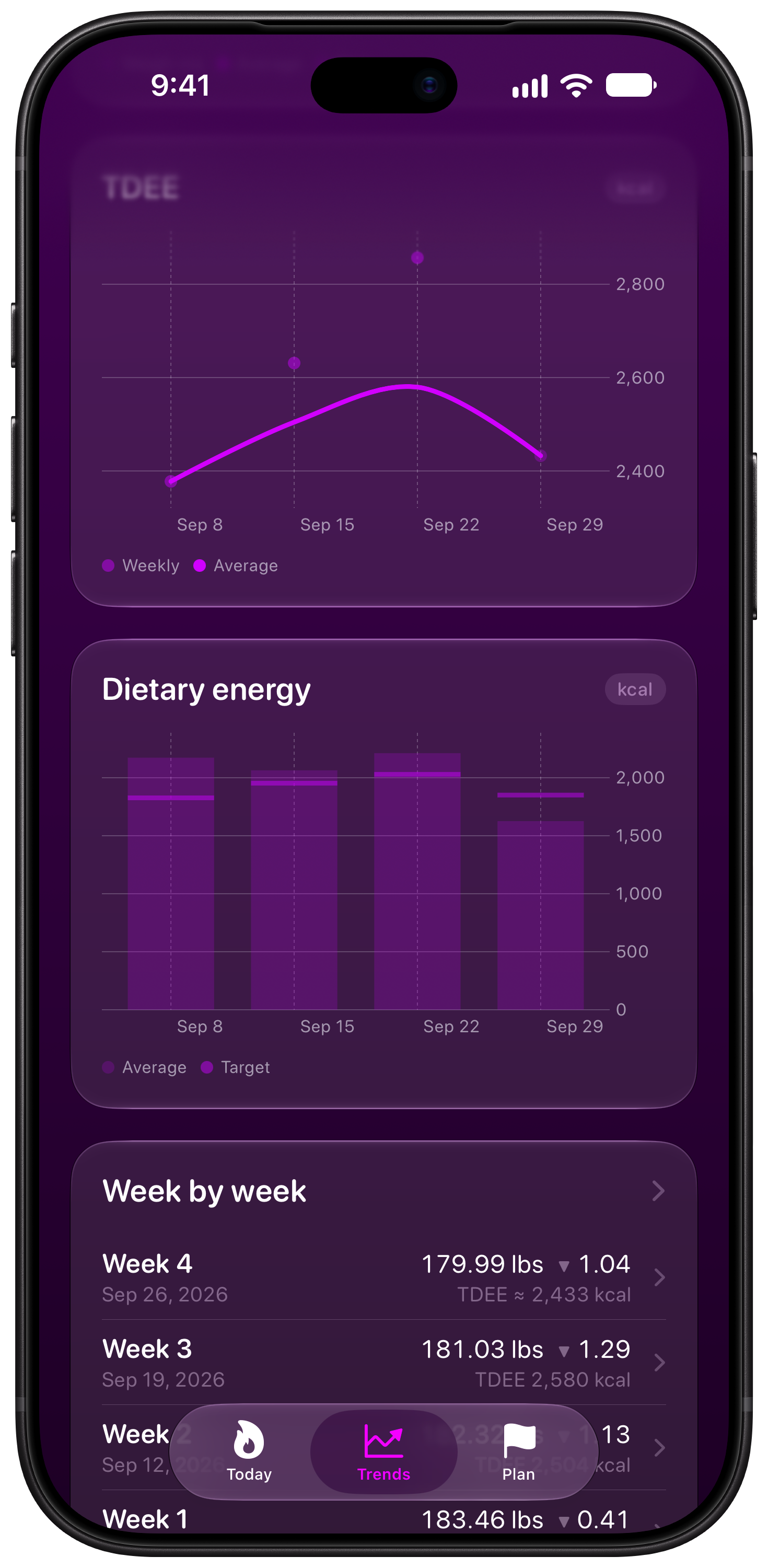 Burn Rate on iPhone 18 Pro Max showing Intake Target in the Purple tint, dark appearance.
