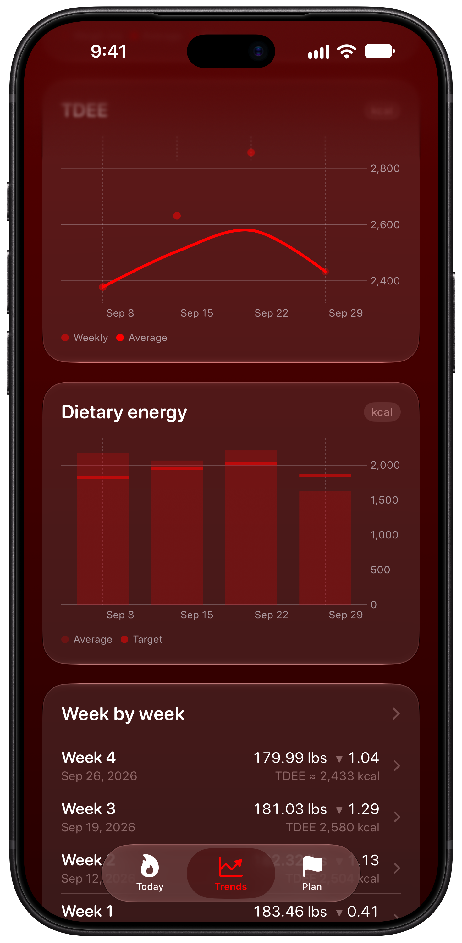 Burn Rate on iPhone 18 Pro Max showing Intake Target in the Red tint, dark appearance.