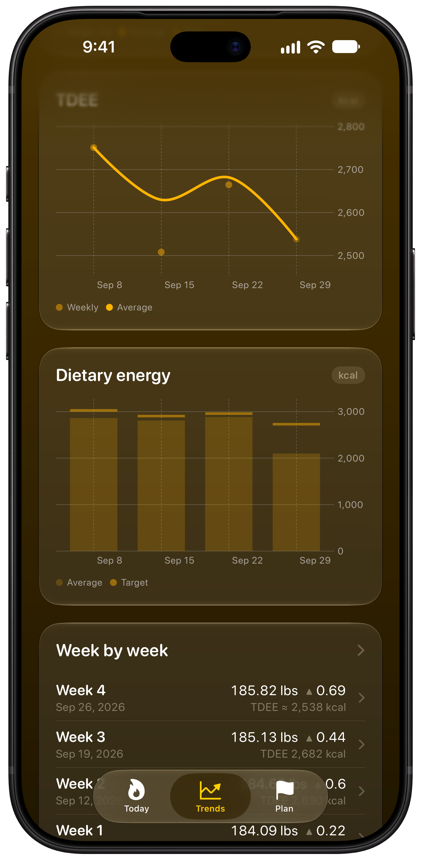 Burn Rate on iPhone 18 Pro Max showing Intake Target in the Yellow tint, dark appearance.