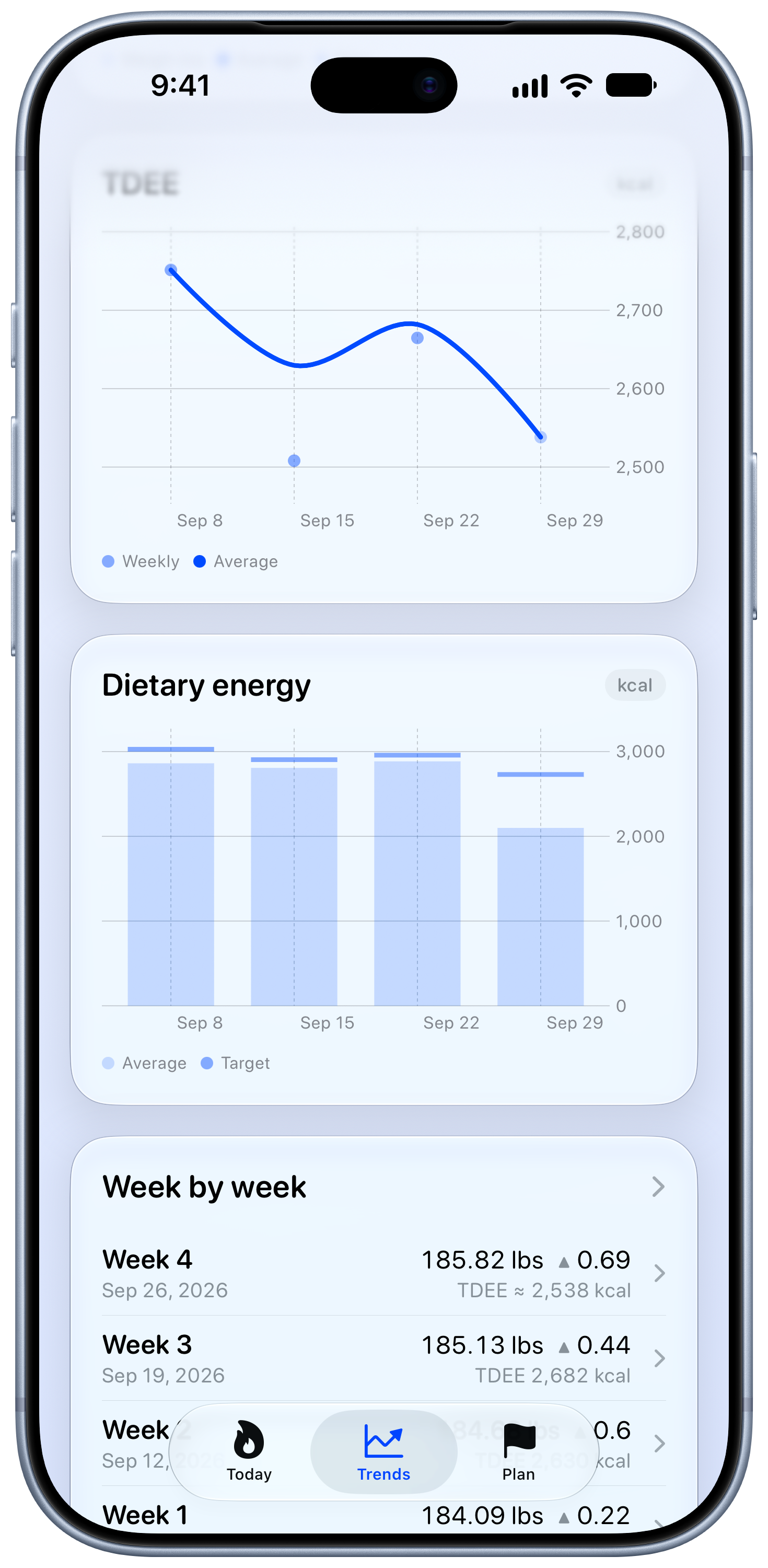Burn Rate on iPhone 18 Pro Max showing Intake Target in the Blue tint, light appearance.
