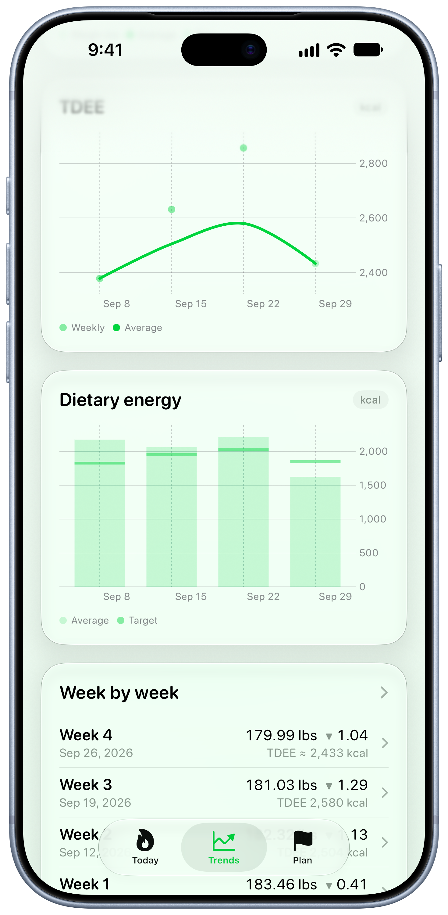 Burn Rate on iPhone 18 Pro Max showing Intake Target in the Green tint, light appearance.