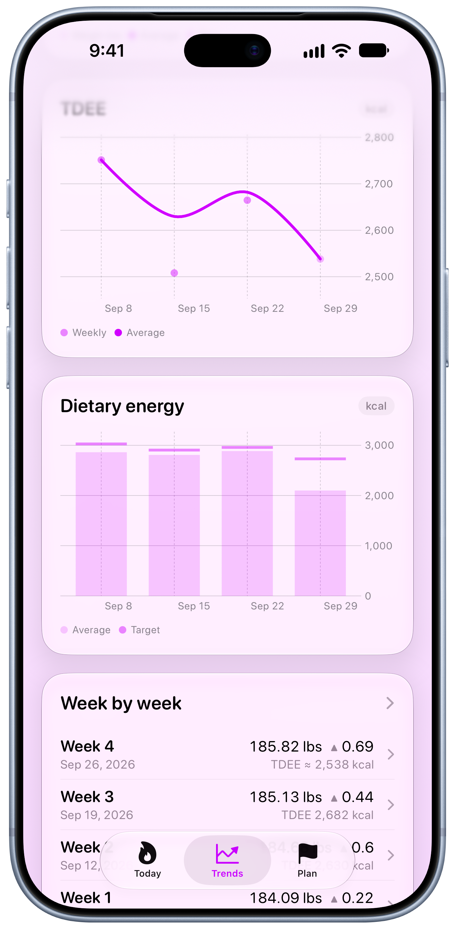 Burn Rate on iPhone 18 Pro Max showing Intake Target in the Purple tint, light appearance.