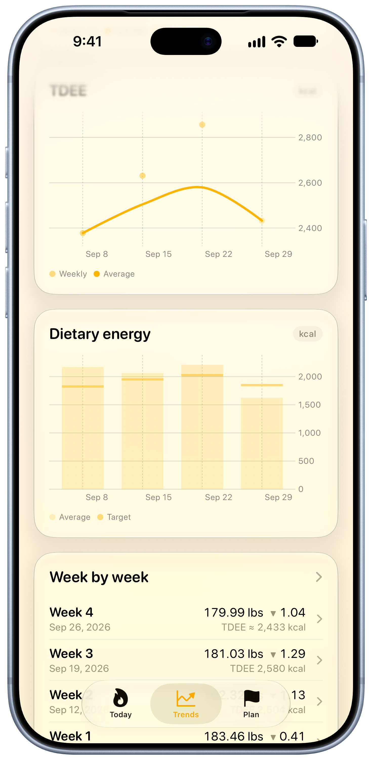 Burn Rate on iPhone 18 Pro Max showing Intake Target in the Yellow tint, light appearance.