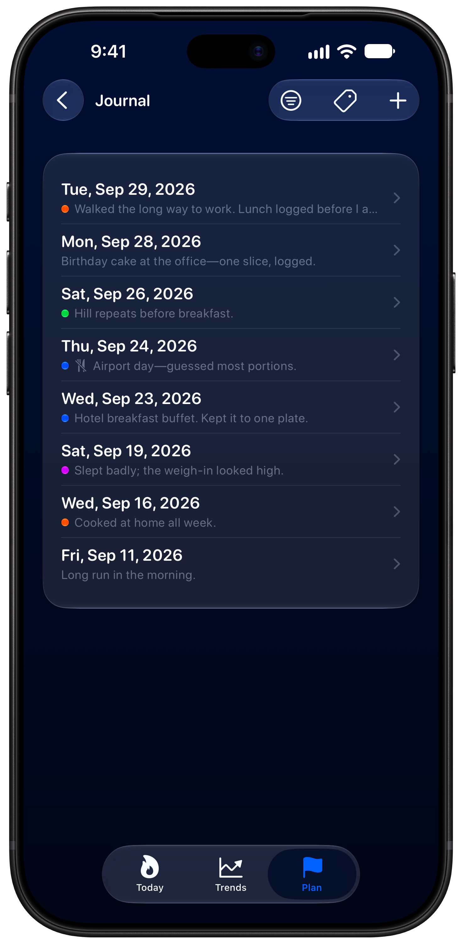 Burn Rate on iPhone 18 Pro Max showing Journal in the Blue tint, dark appearance.