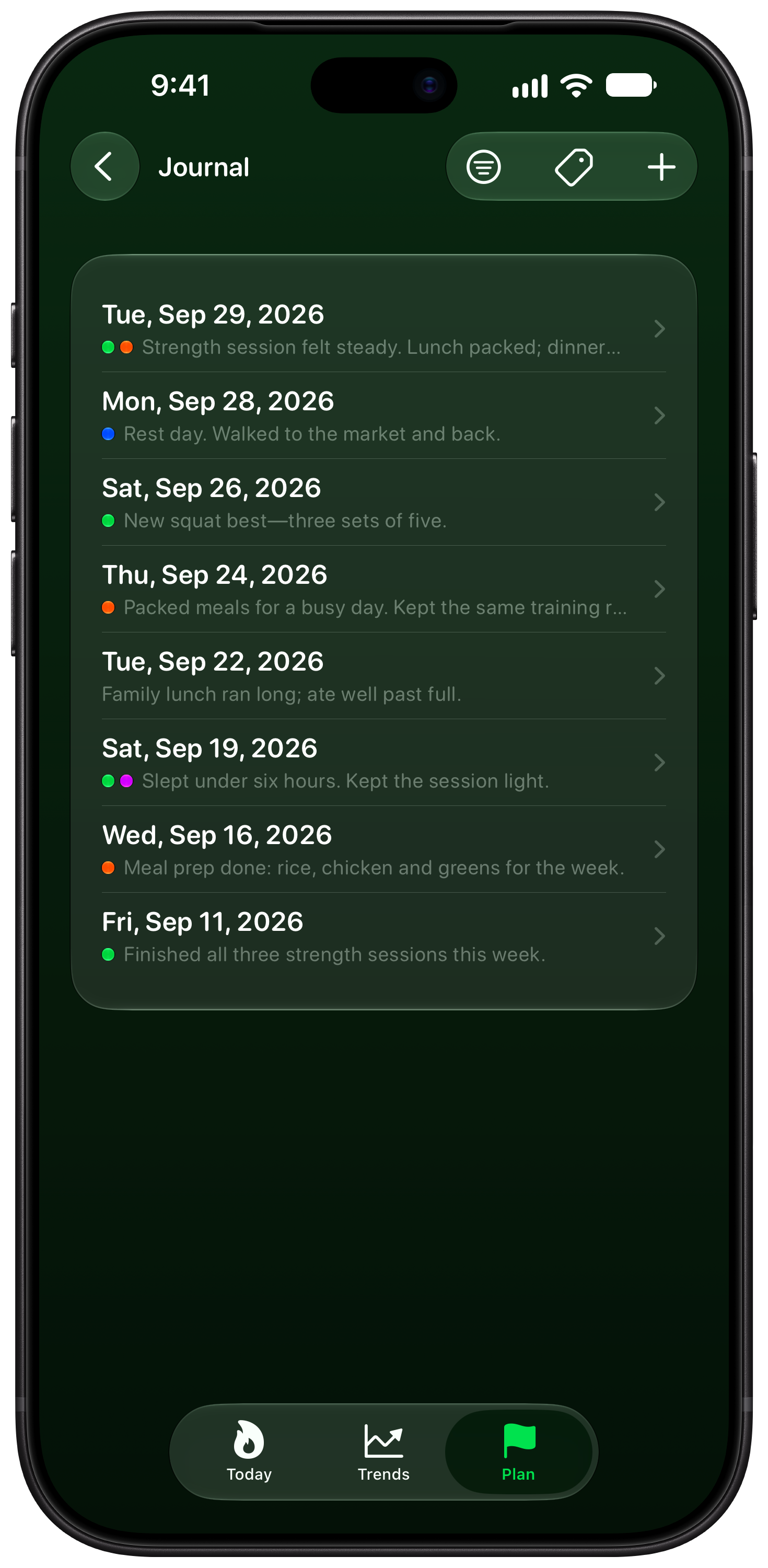 Burn Rate on iPhone 18 Pro Max showing Journal in the Green tint, dark appearance.