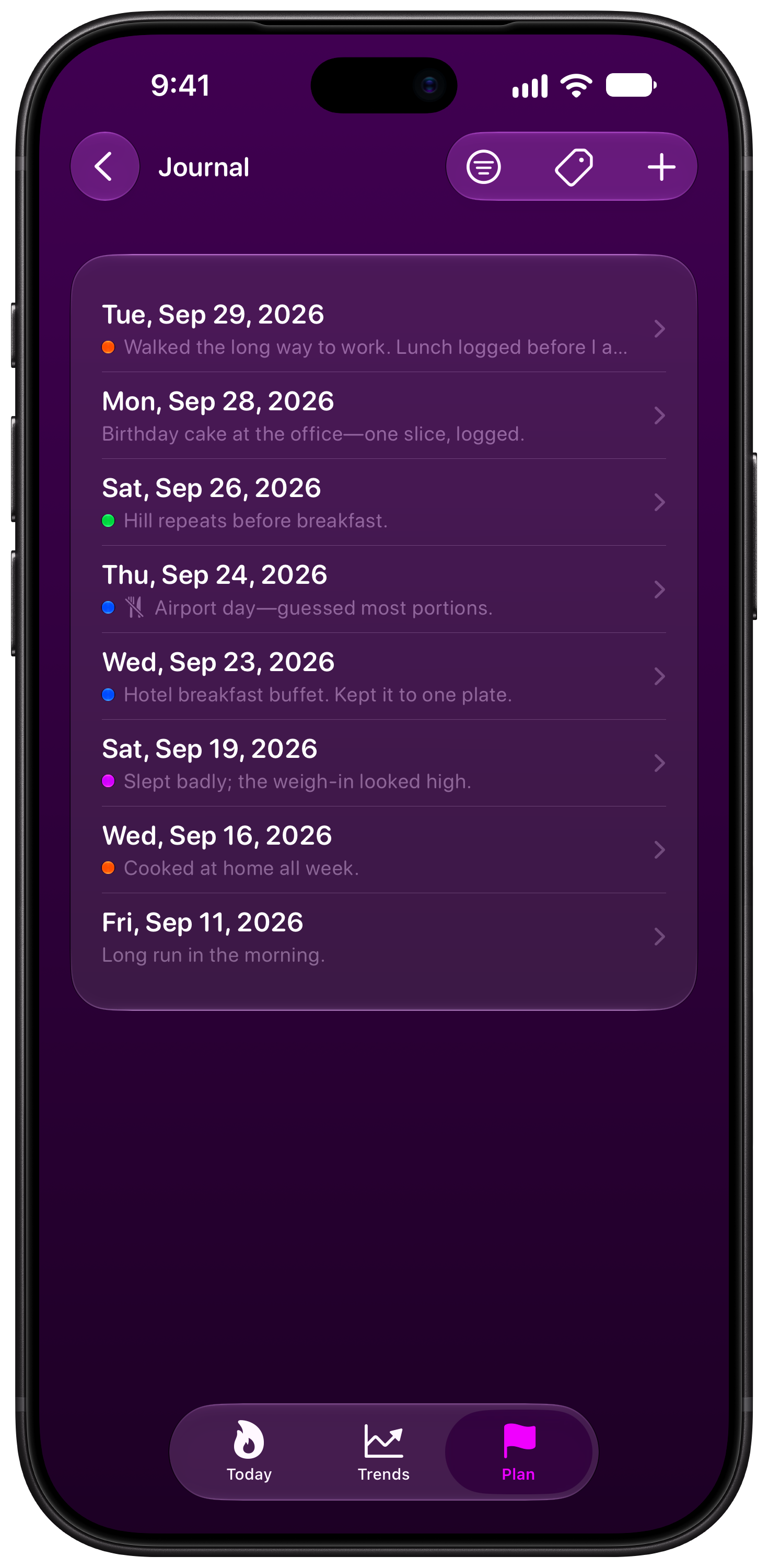 Burn Rate on iPhone 18 Pro Max showing Journal in the Purple tint, dark appearance.