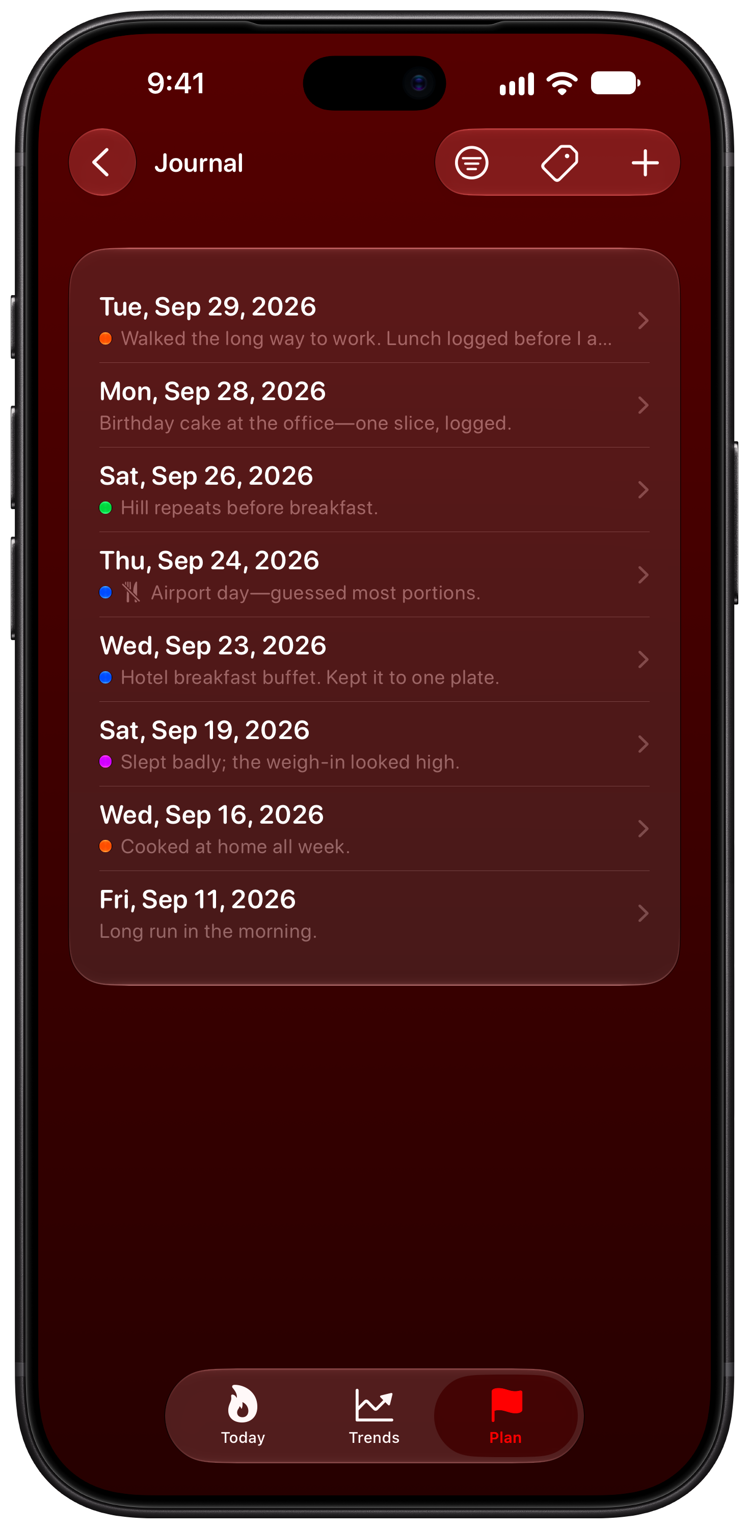 Burn Rate on iPhone 18 Pro Max showing Journal in the Red tint, dark appearance.