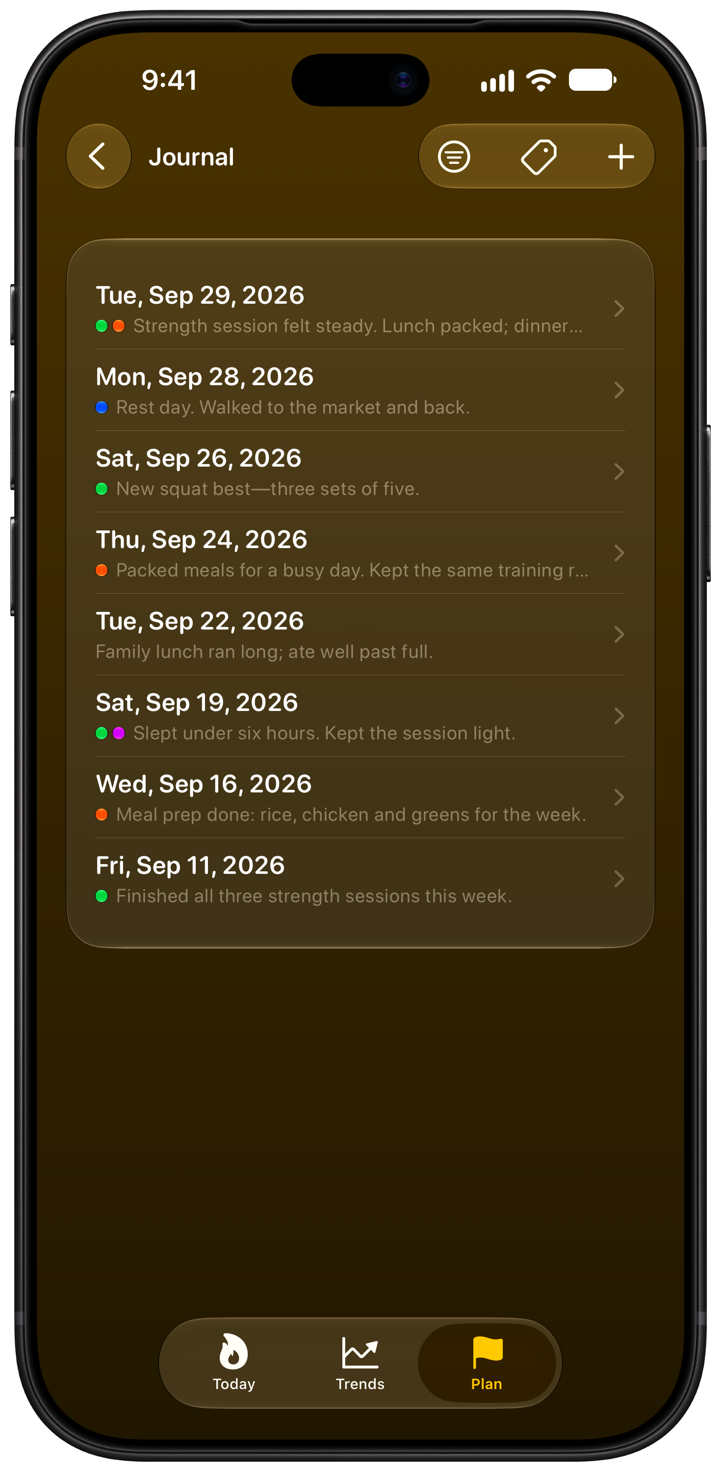 Burn Rate on iPhone 18 Pro Max showing Journal in the Yellow tint, dark appearance.