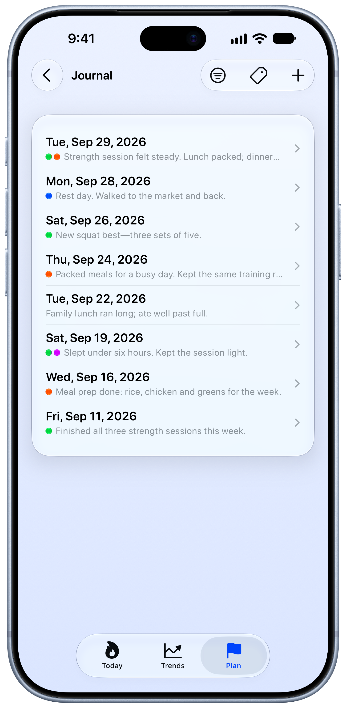 Burn Rate on iPhone 18 Pro Max showing Journal in the Blue tint, light appearance.