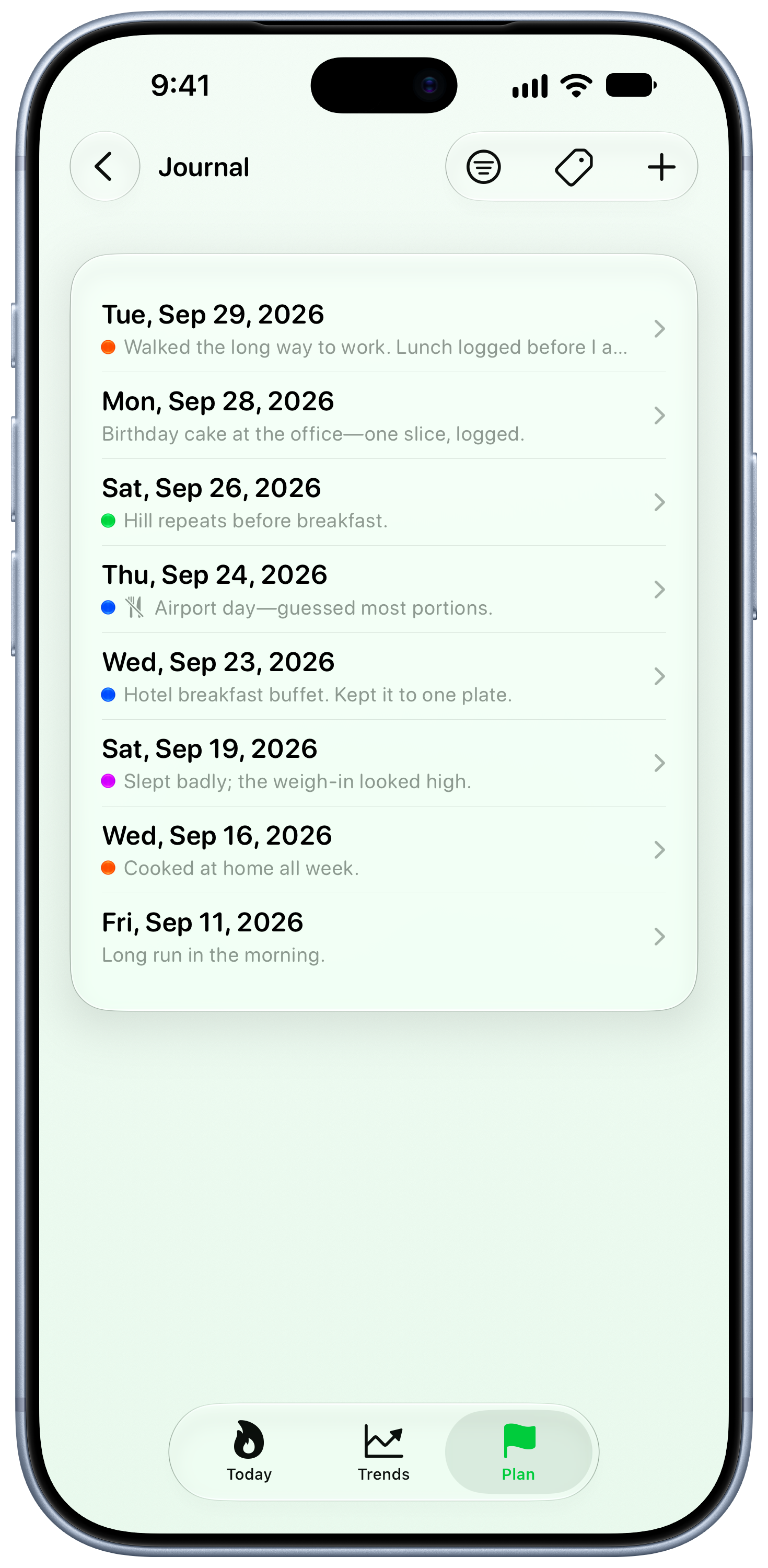 Burn Rate on iPhone 18 Pro Max showing Journal in the Green tint, light appearance.