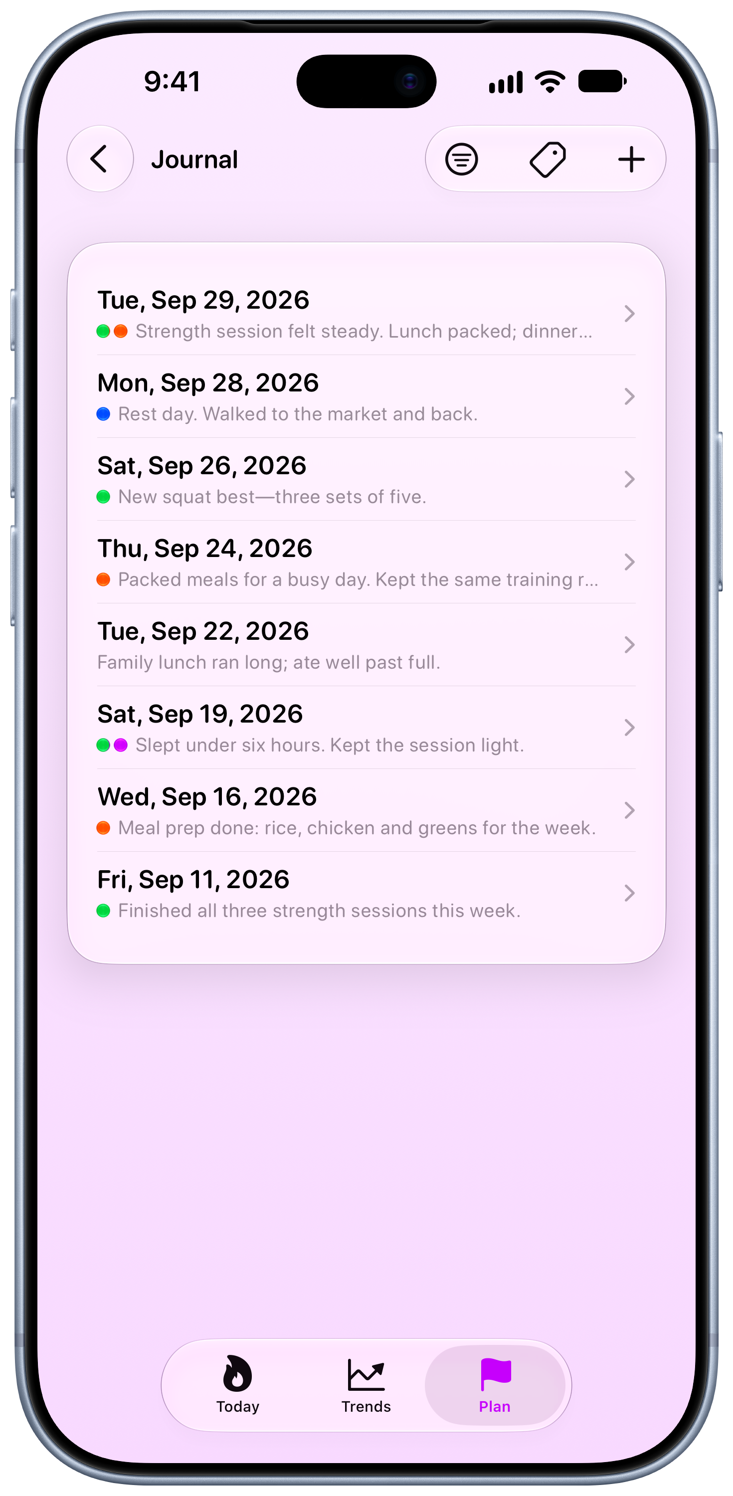 Burn Rate on iPhone 18 Pro Max showing Journal in the Purple tint, light appearance.