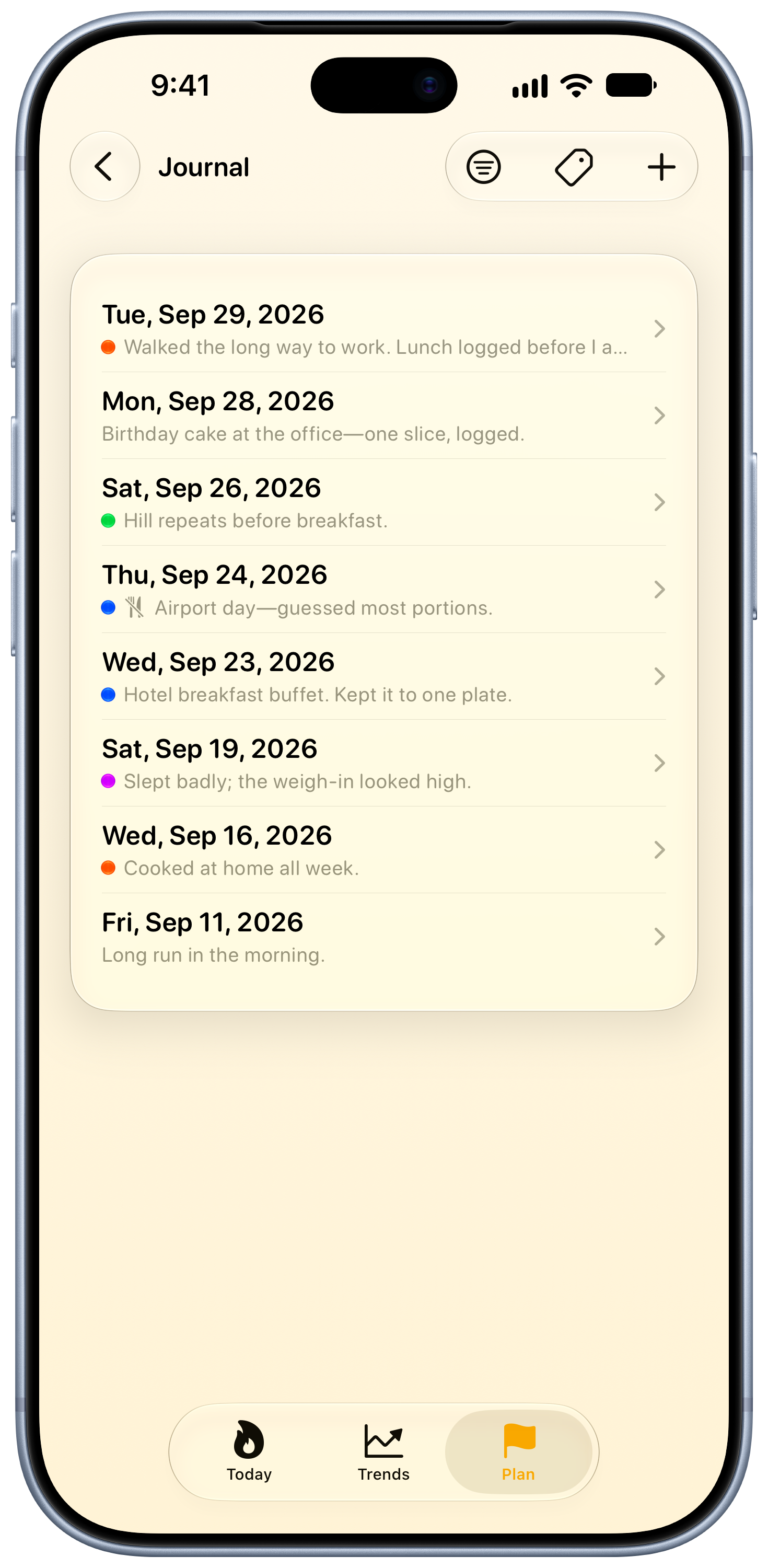 Burn Rate on iPhone 18 Pro Max showing Journal in the Yellow tint, light appearance.