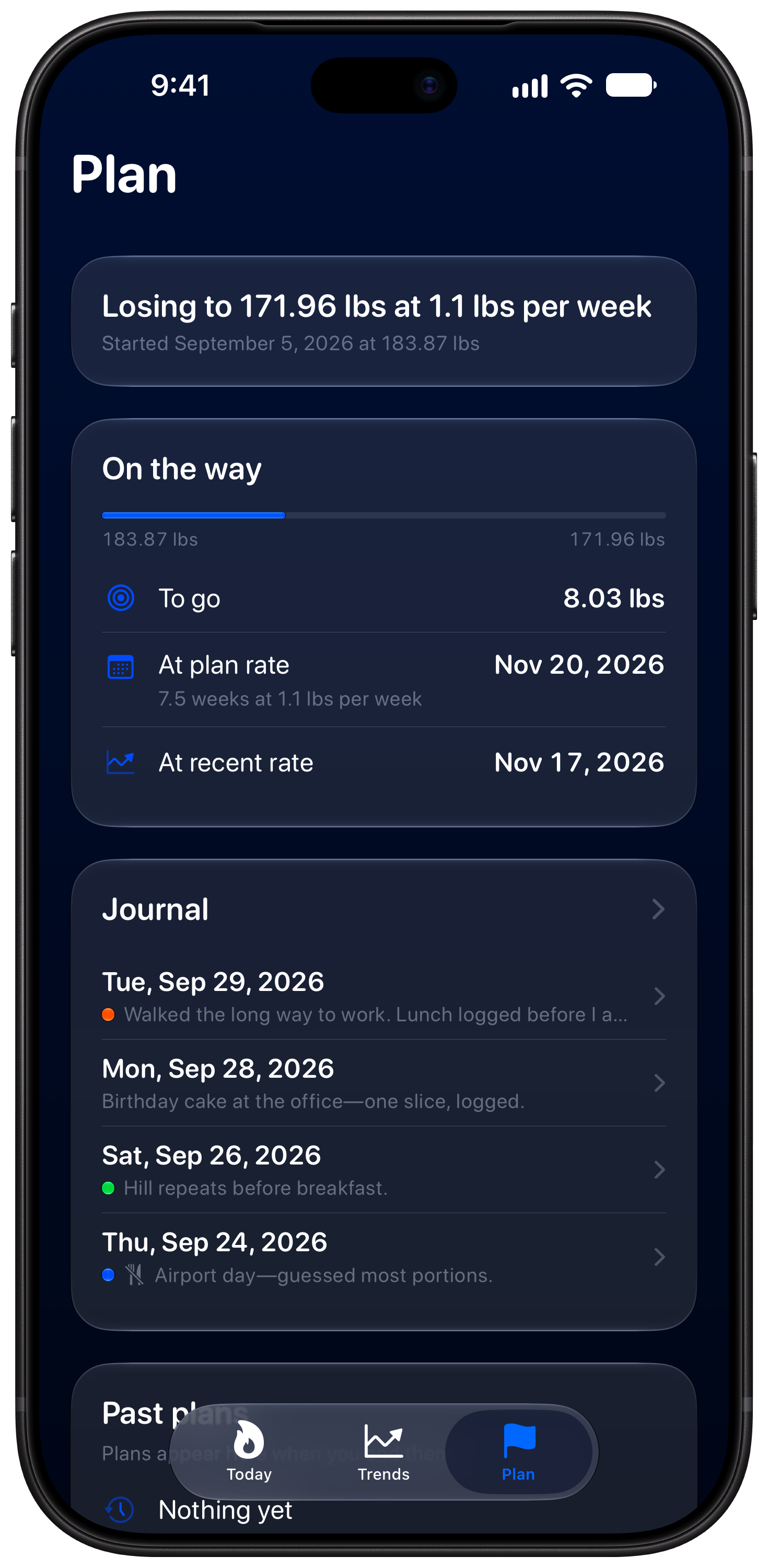 Burn Rate on iPhone 18 Pro Max showing Plan in the Blue tint, dark appearance.