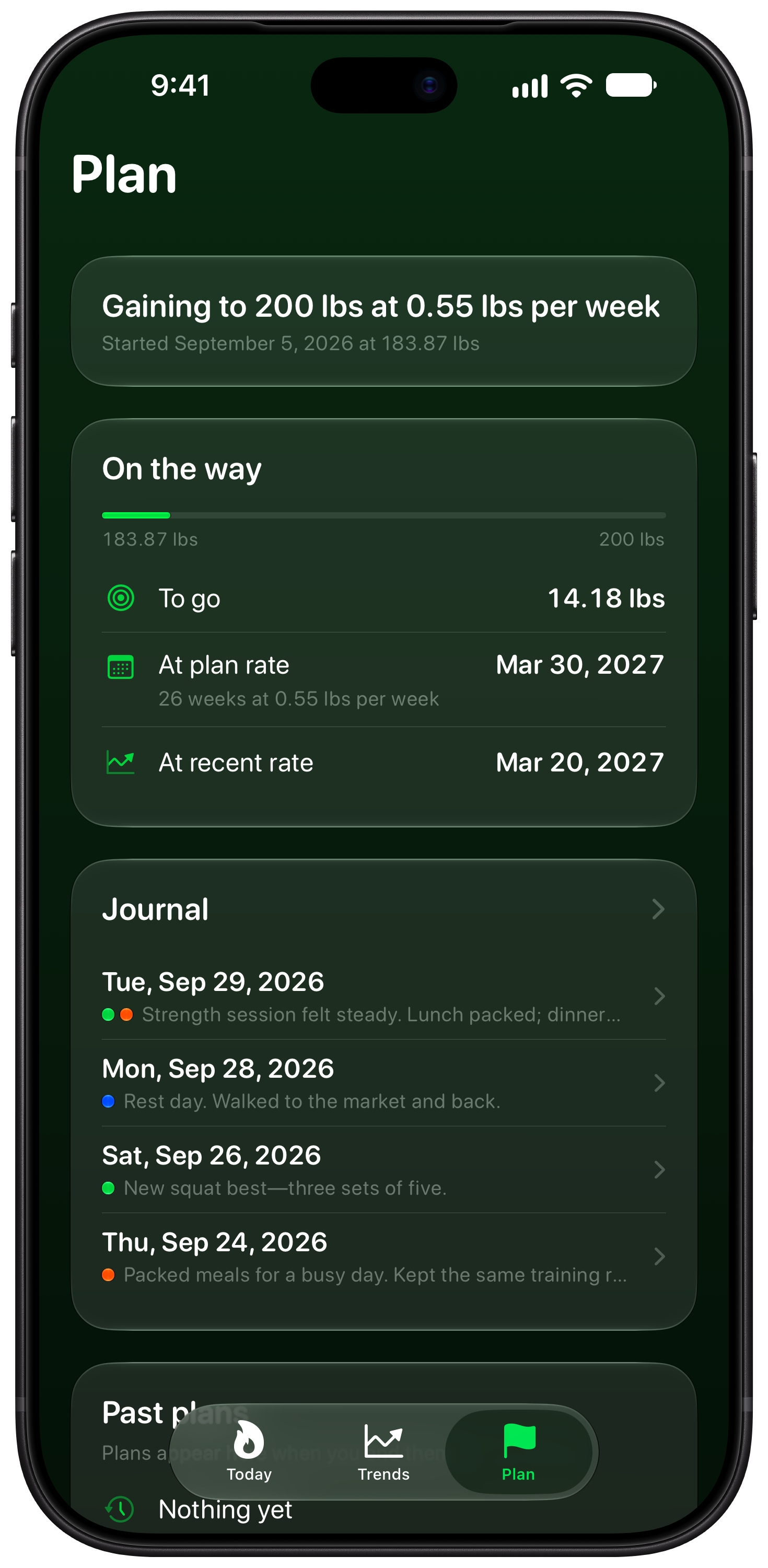 Burn Rate on iPhone 18 Pro Max showing Plan in the Green tint, dark appearance.