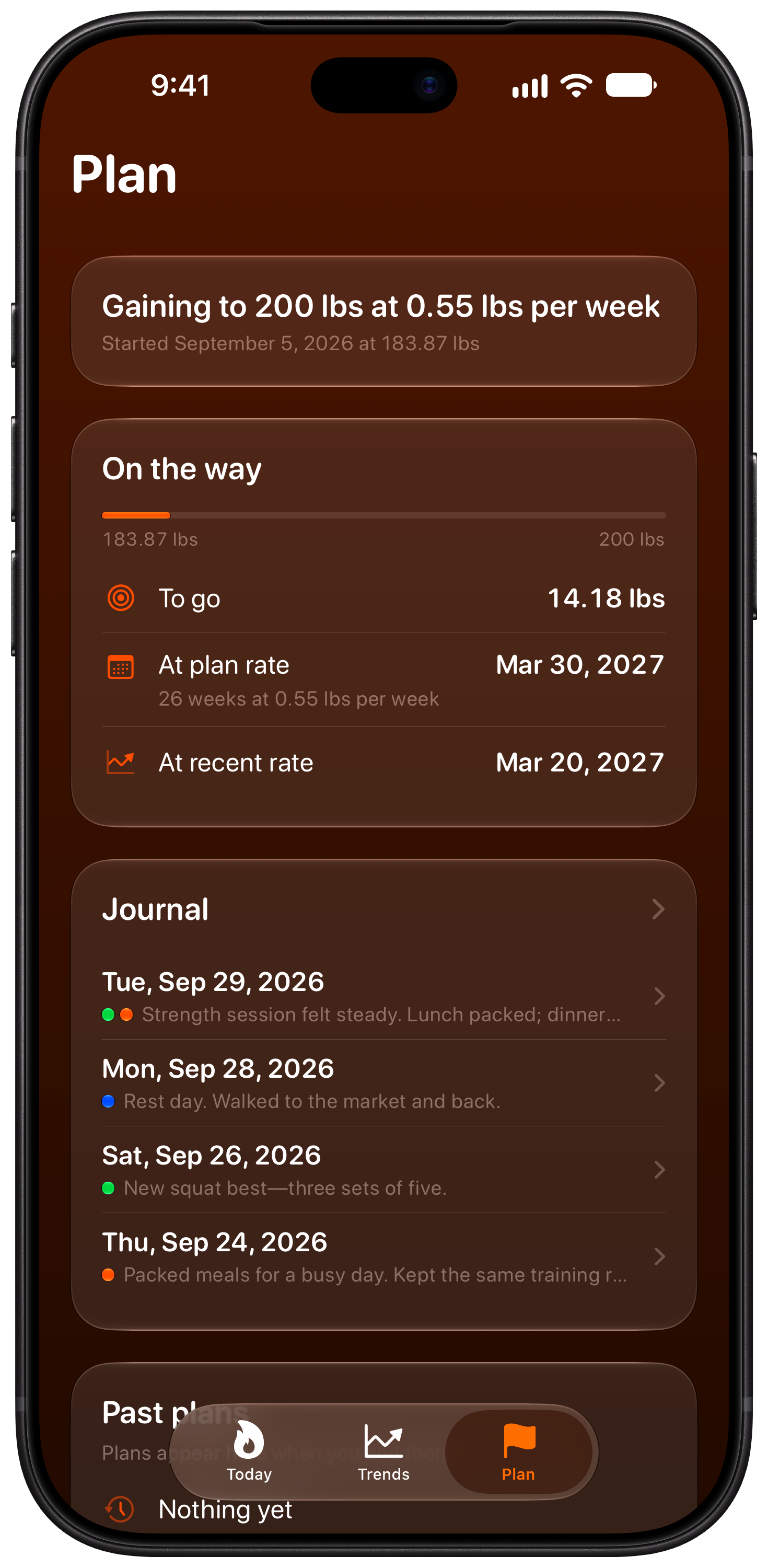 Burn Rate on iPhone 18 Pro Max showing Plan in the Orange tint, dark appearance.