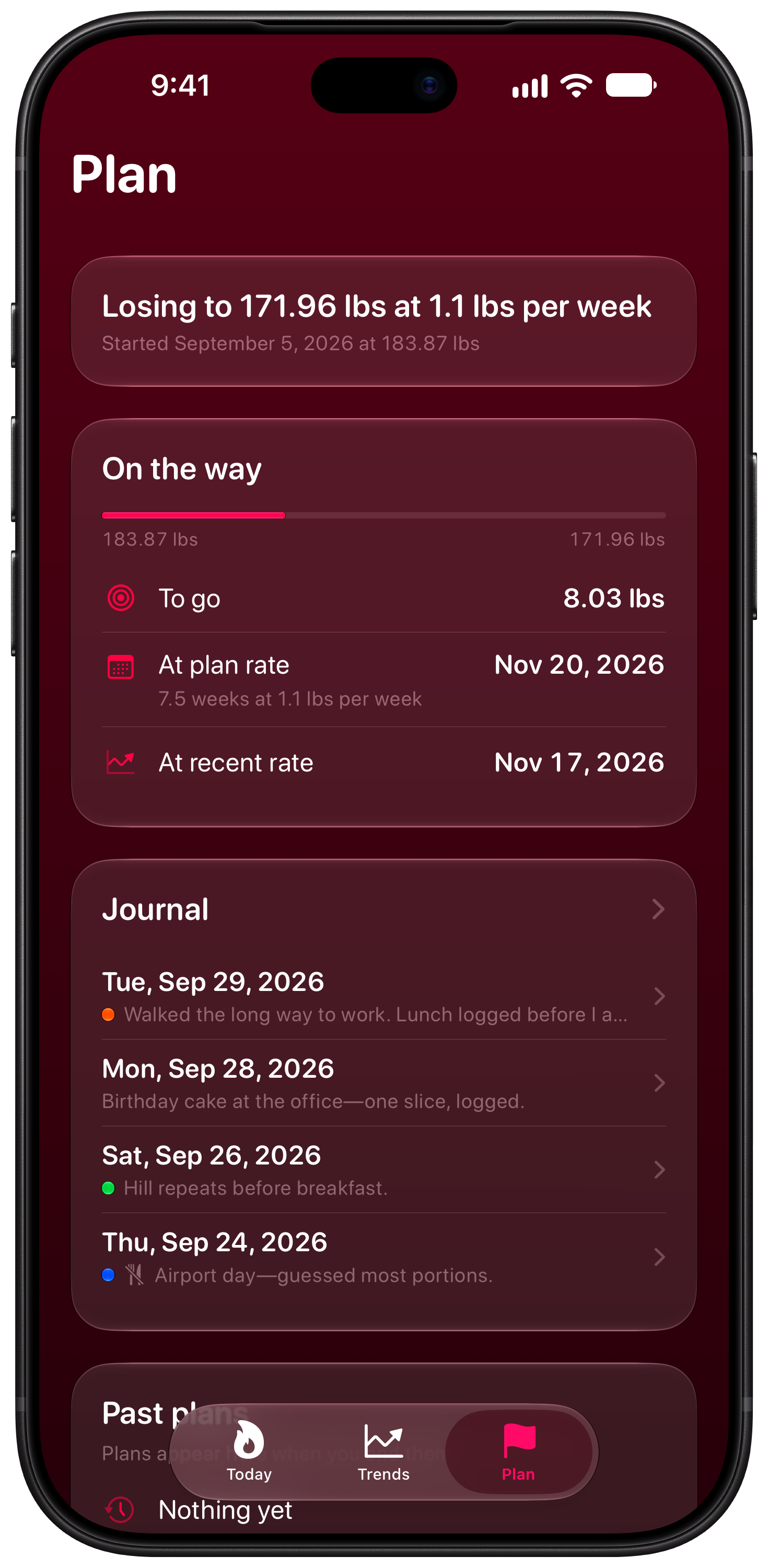 Burn Rate on iPhone 18 Pro Max showing Plan in the Pink tint, dark appearance.