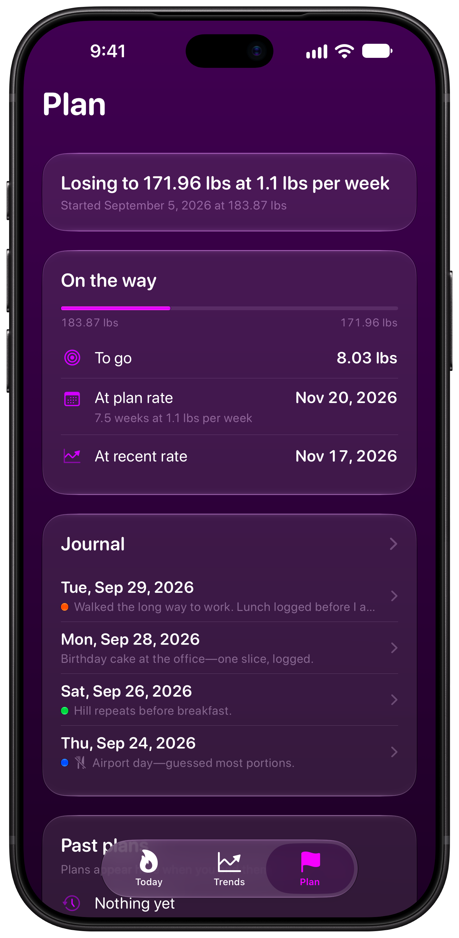Burn Rate on iPhone 18 Pro Max showing Plan in the Purple tint, dark appearance.