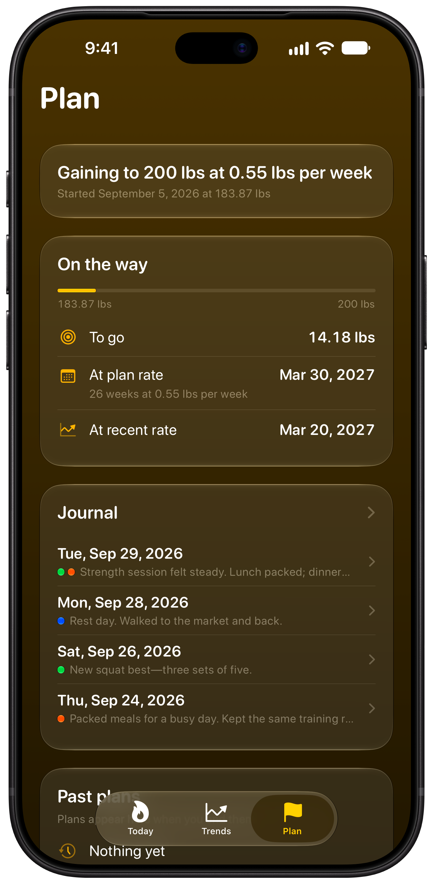 Burn Rate on iPhone 18 Pro Max showing Plan in the Yellow tint, dark appearance.