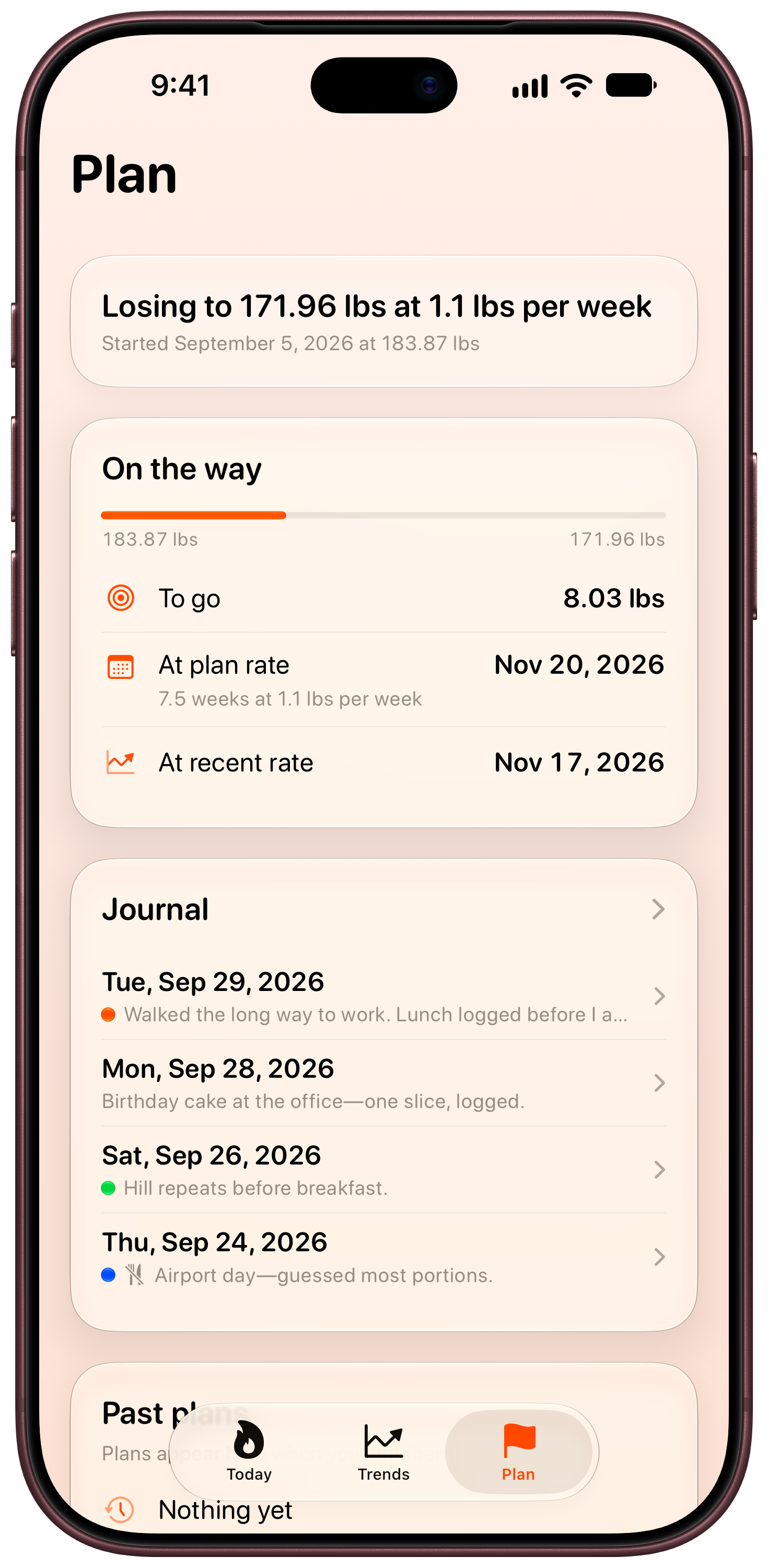 Burn Rate on iPhone 18 Pro Max showing Plan in the Orange tint, light appearance.