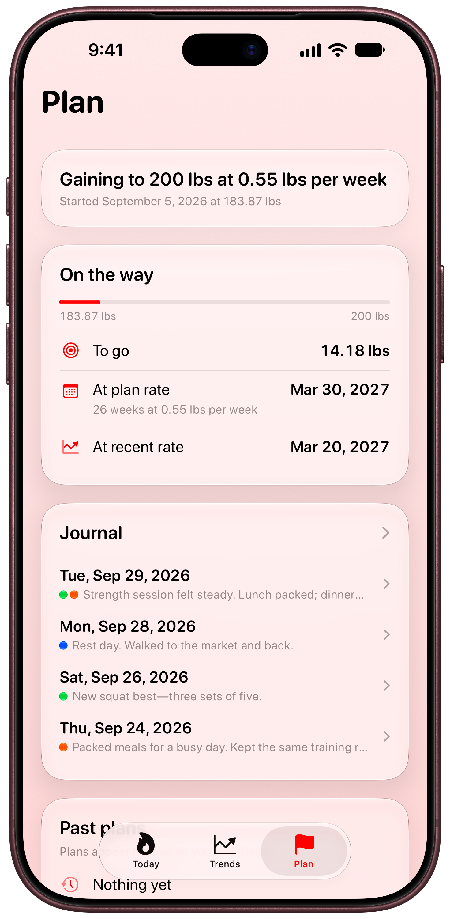 Burn Rate on iPhone 18 Pro Max showing Plan in the Red tint, light appearance.
