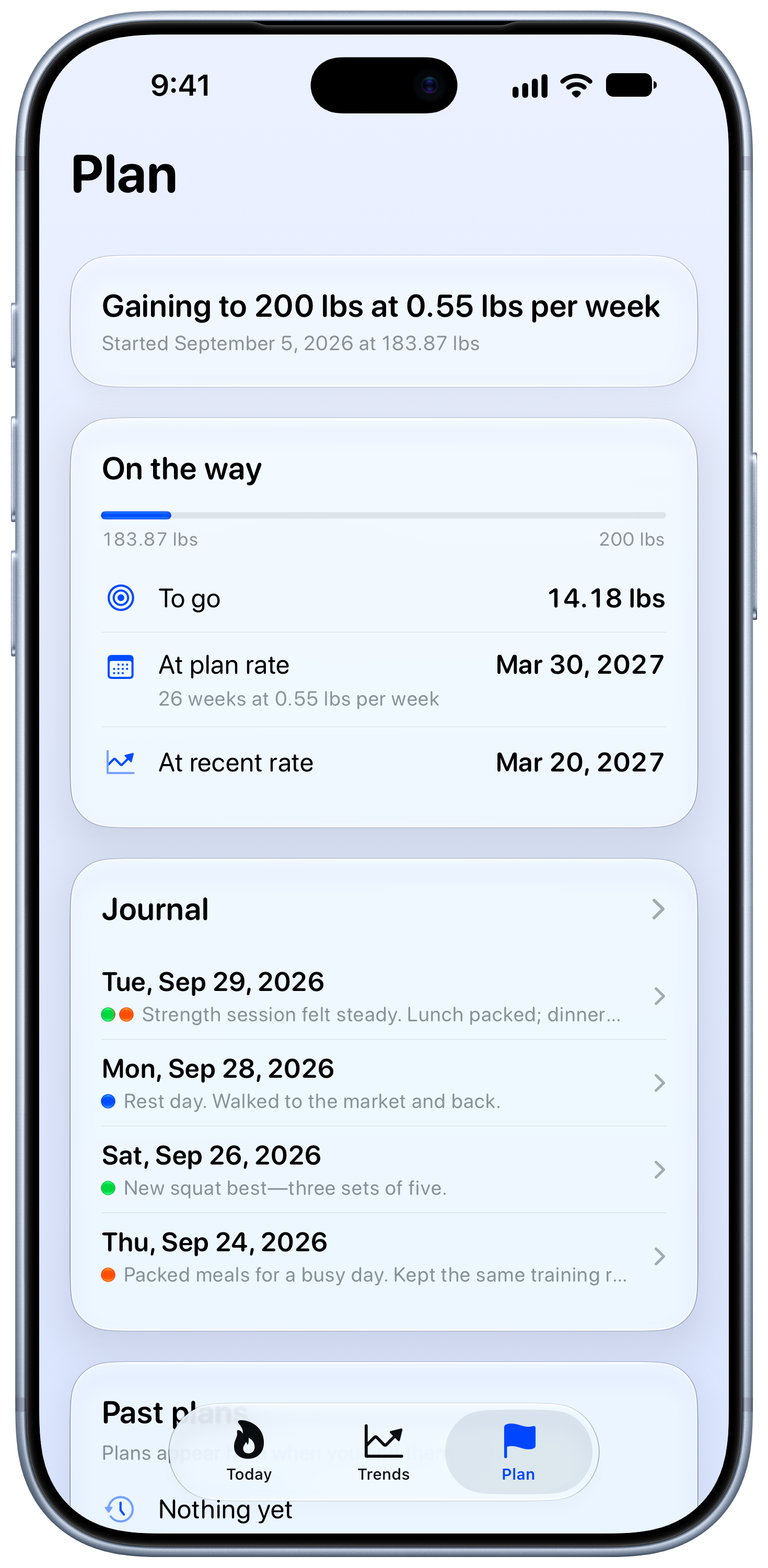 Burn Rate on iPhone 18 Pro Max showing Plan in the Blue tint, light appearance.
