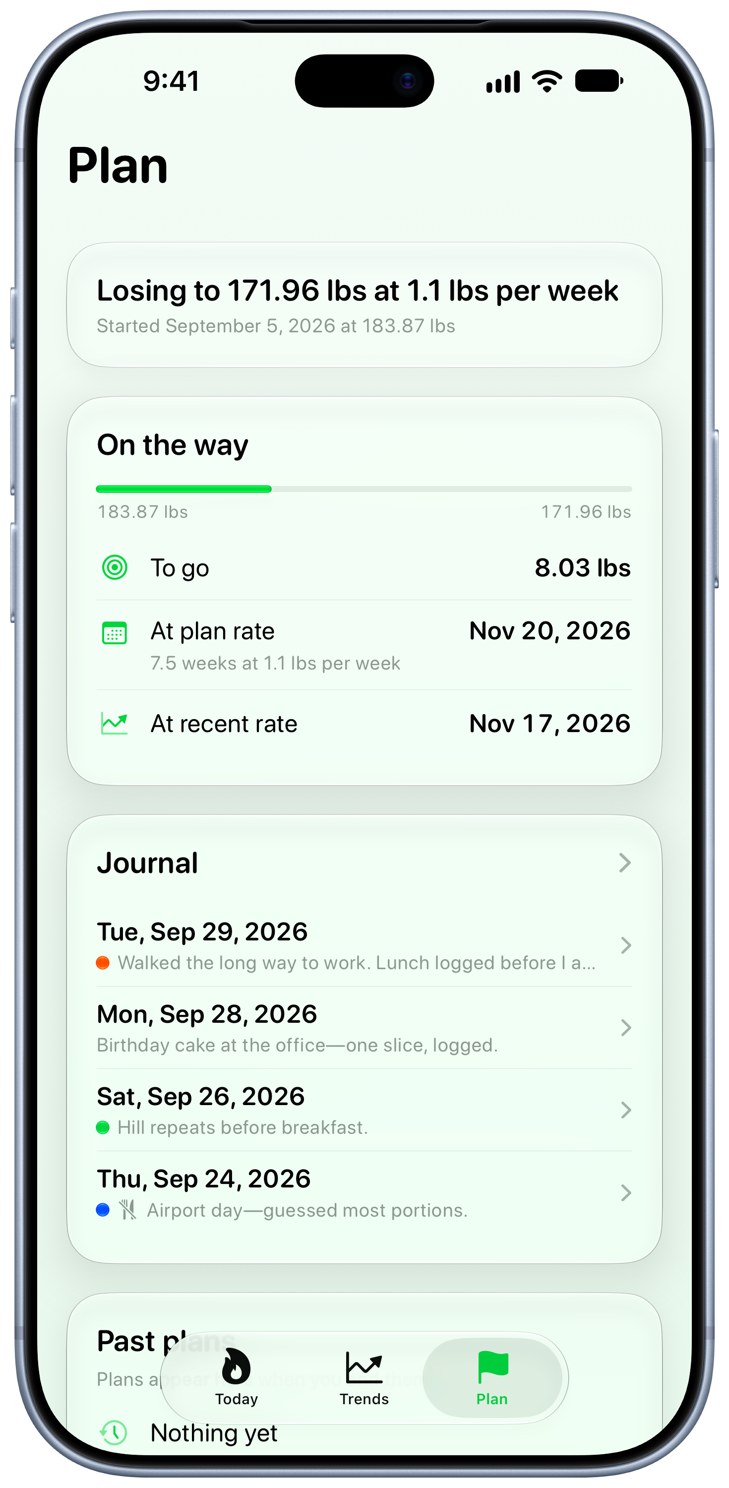 Burn Rate on iPhone 18 Pro Max showing Plan in the Green tint, light appearance.