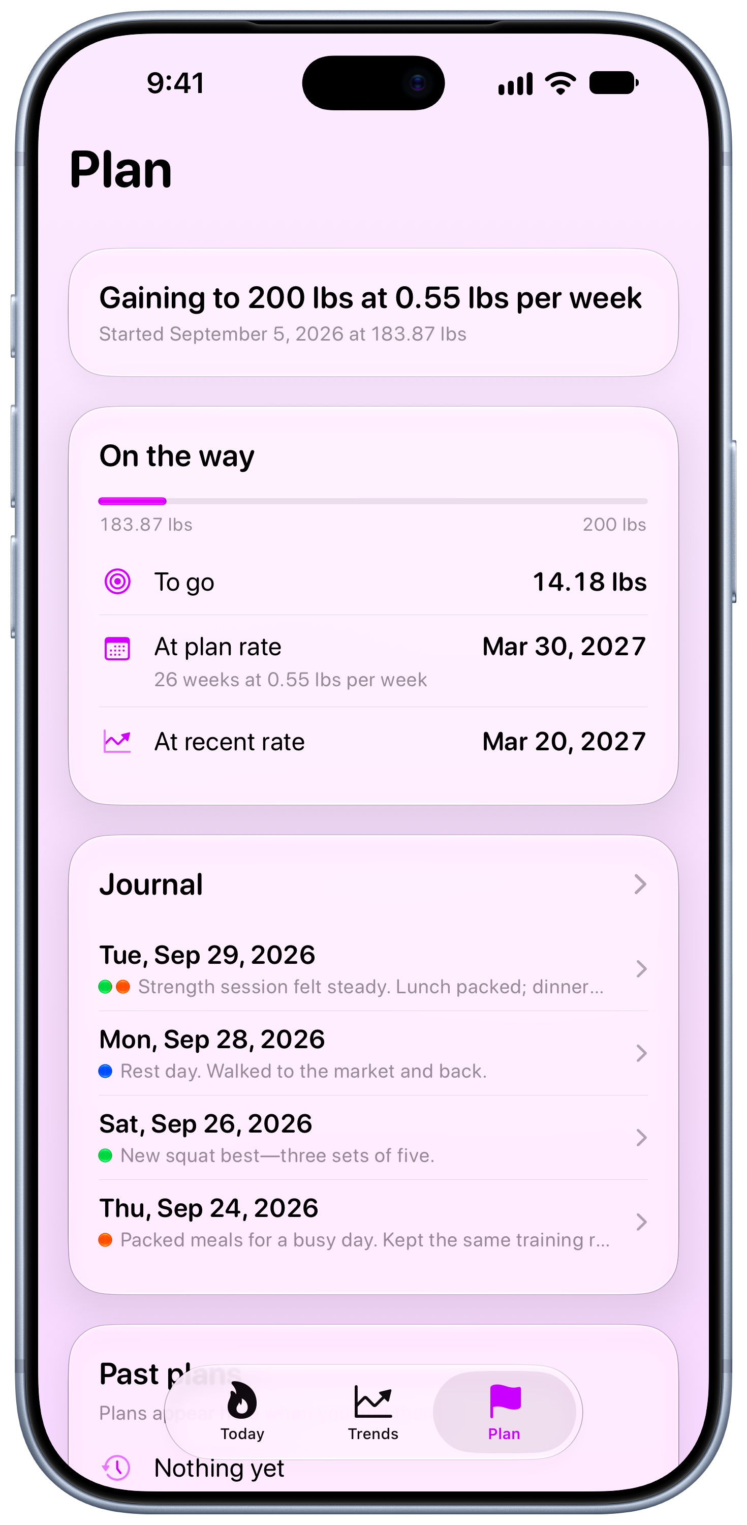 Burn Rate on iPhone 18 Pro Max showing Plan in the Purple tint, light appearance.