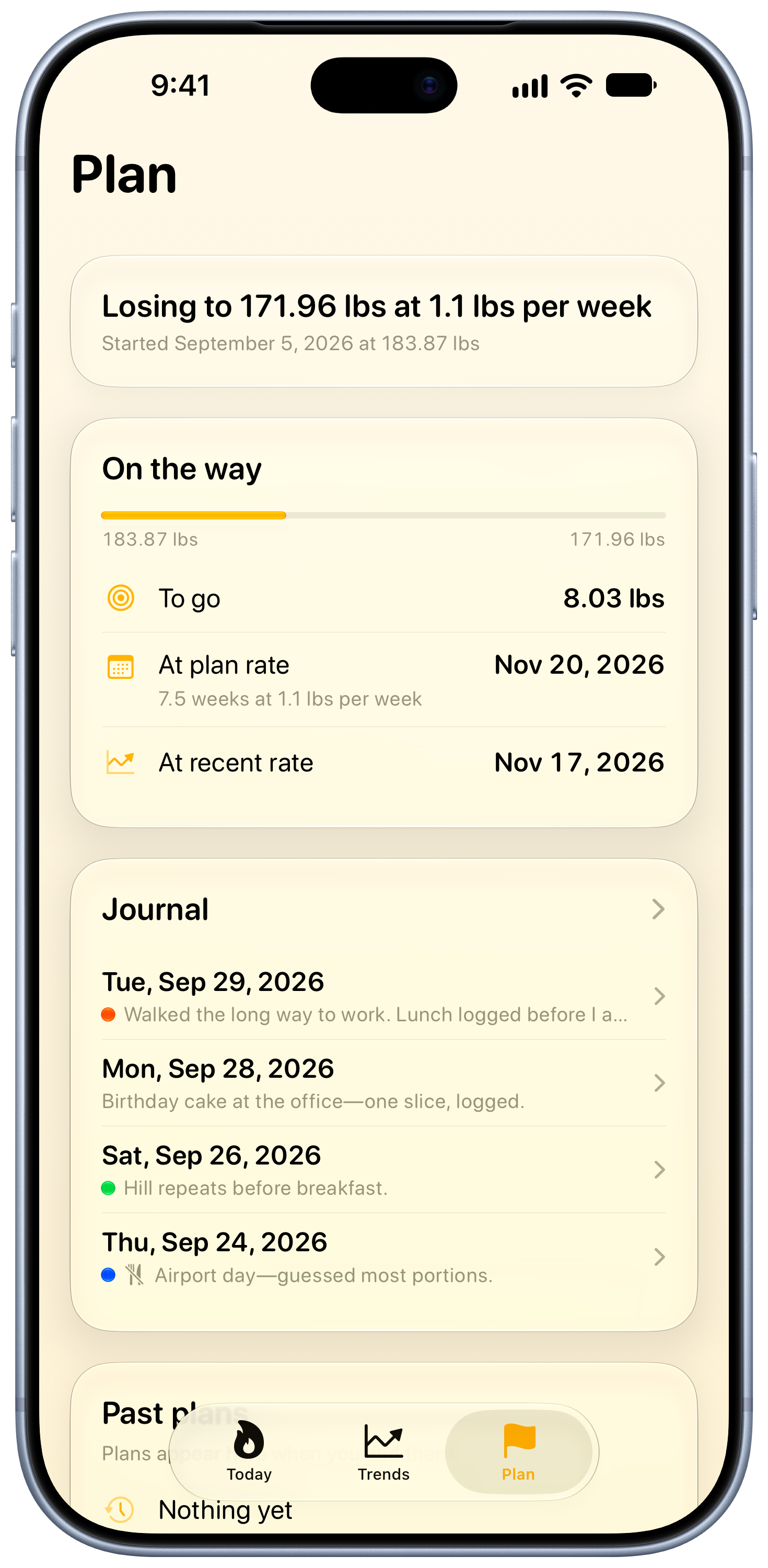 Burn Rate on iPhone 18 Pro Max showing Plan in the Yellow tint, light appearance.