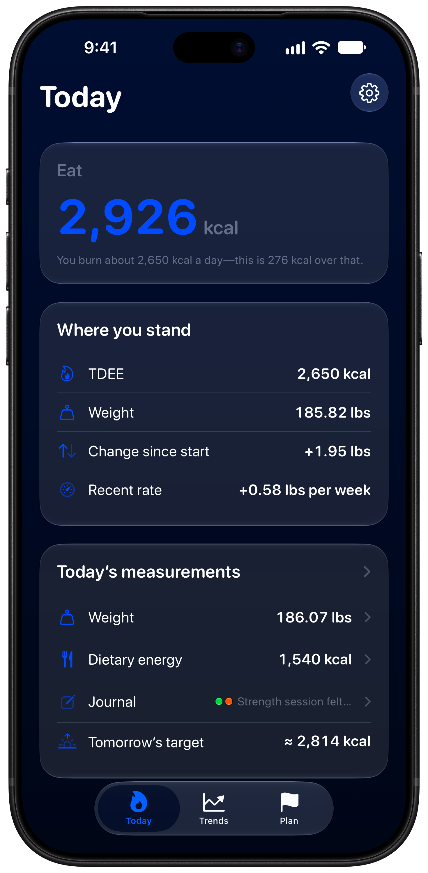Burn Rate on iPhone 18 Pro Max showing Home in the Blue tint, dark appearance.