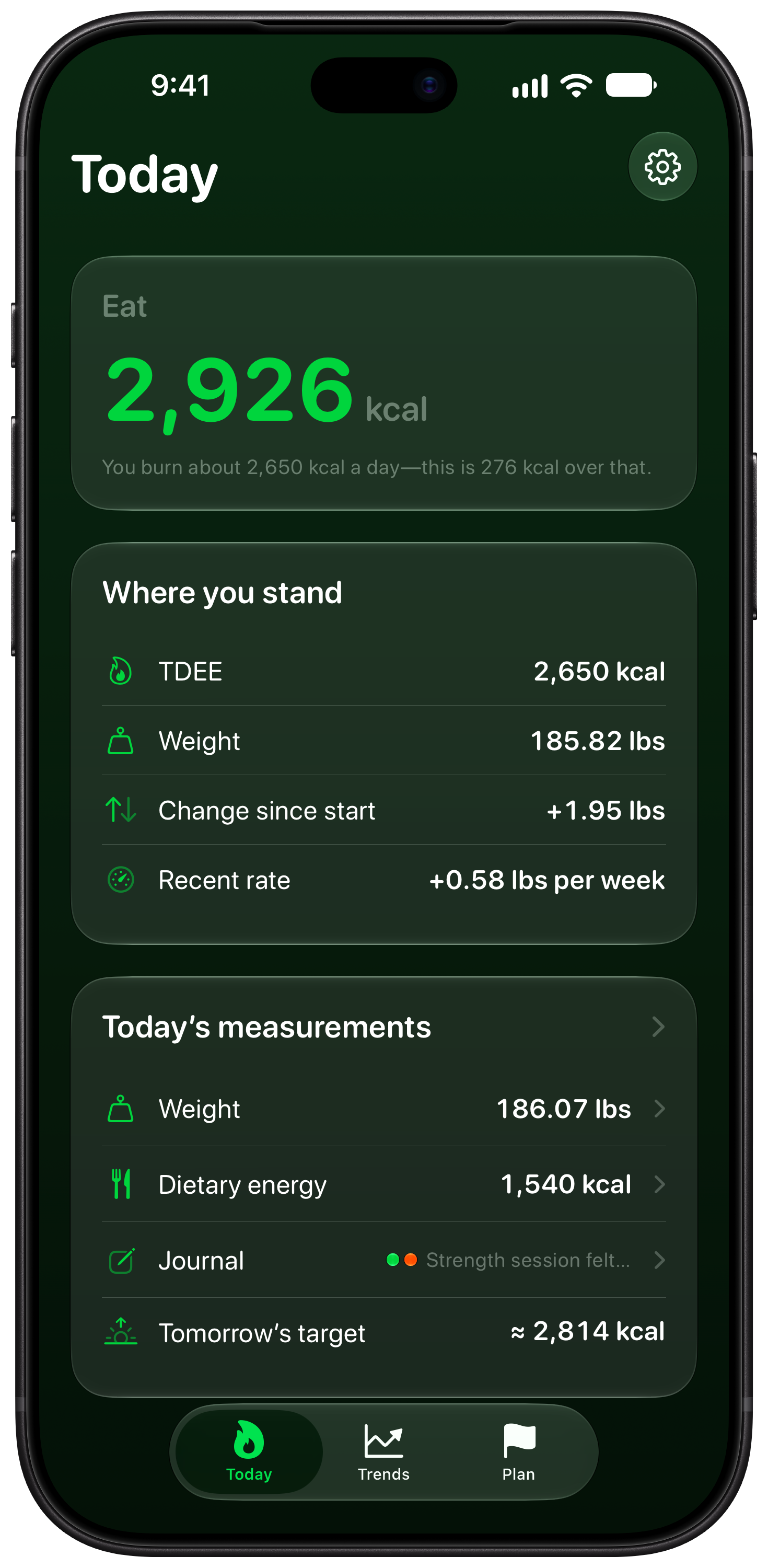 Burn Rate on iPhone 18 Pro Max showing Home in the Green tint, dark appearance.