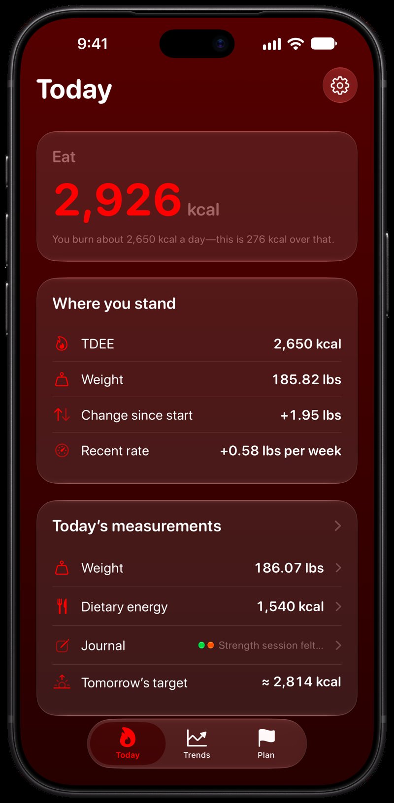 Burn Rate on iPhone 18 Pro Max showing Home in the Red tint, dark appearance.