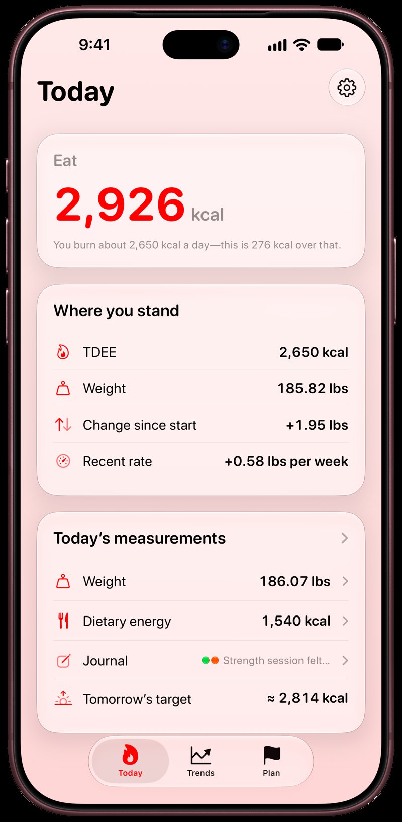 Burn Rate on iPhone 18 Pro Max showing Home in the Red tint, light appearance.