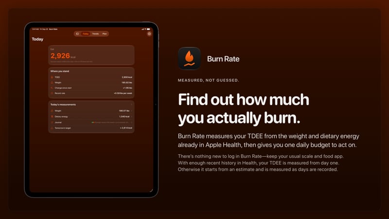 The Burn Rate share image, showing the app on iPad Pro 13-inch with its icon, name and headline for the gain story, in the Orange tint, dark appearance.