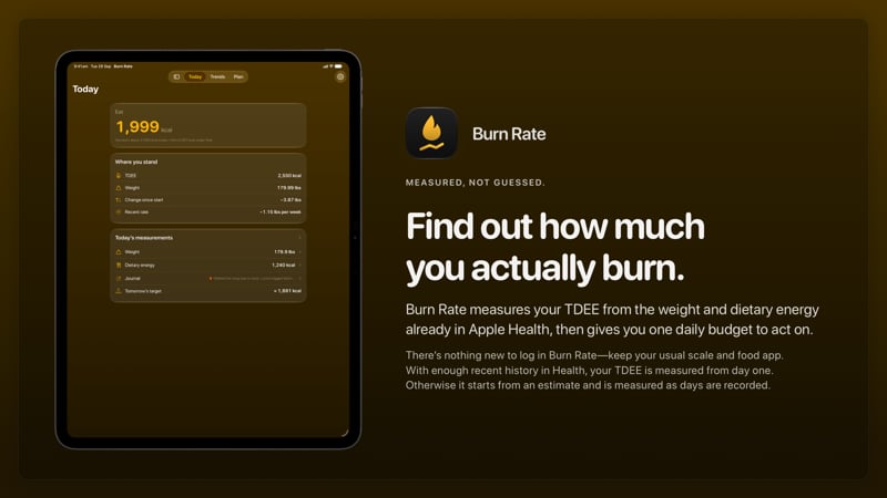 The Burn Rate share image, showing the app on iPad Pro 13-inch with its icon, name and headline for the loss story, in the Yellow tint, dark appearance.