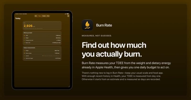 The Burn Rate share image, showing the app on iPad Pro 13-inch with its icon, name and headline for the gain story, in the Yellow tint, dark appearance.