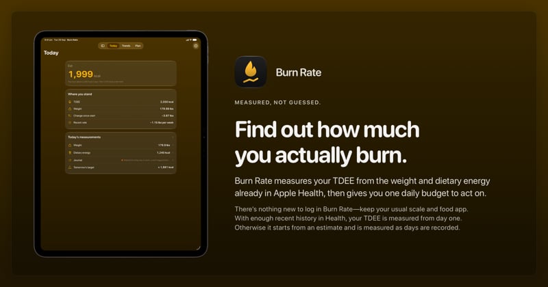 The Burn Rate share image, showing the app on iPad Pro 13-inch with its icon, name and headline for the loss story, in the Yellow tint, dark appearance.