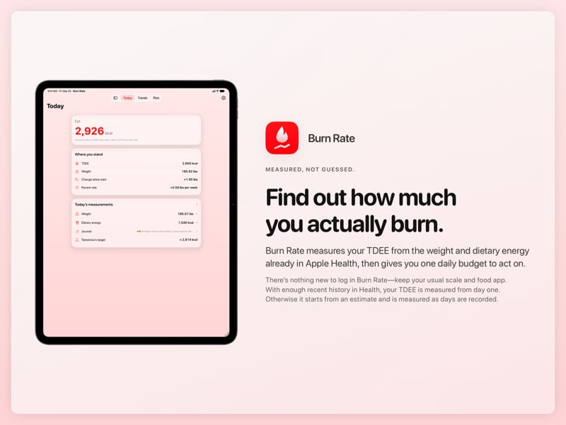 The Burn Rate share image, showing the app on iPad Pro 13-inch with its icon, name and headline for the gain story, in the Red tint, light appearance.