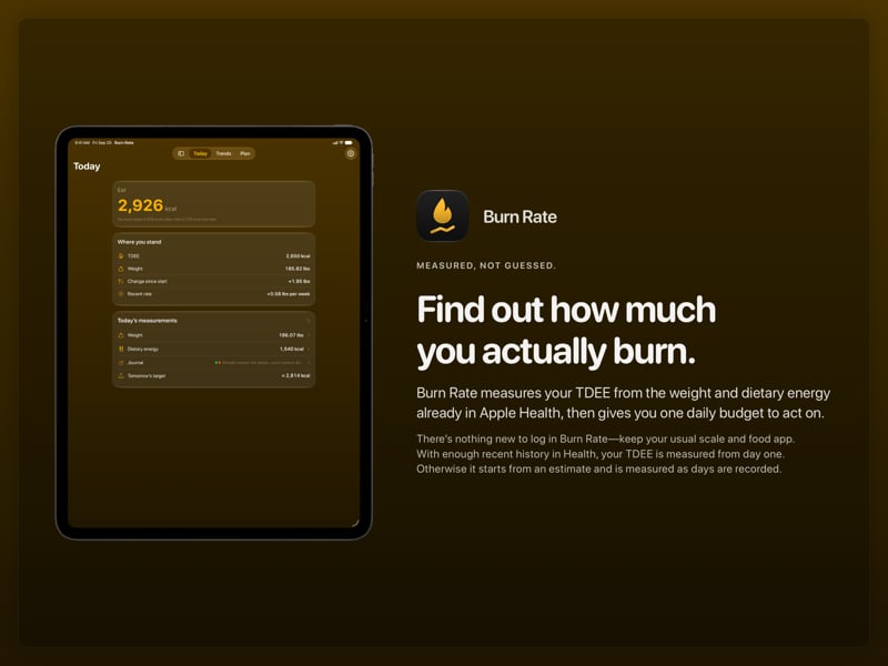 The Burn Rate share image, showing the app on iPad Pro 13-inch with its icon, name and headline for the gain story, in the Yellow tint, dark appearance.