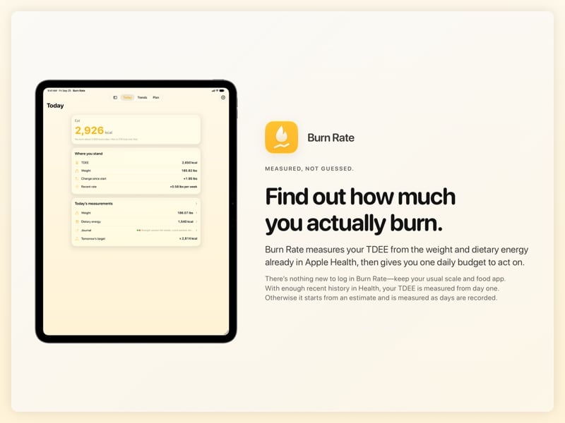 The Burn Rate share image, showing the app on iPad Pro 13-inch with its icon, name and headline for the gain story, in the Yellow tint, light appearance.