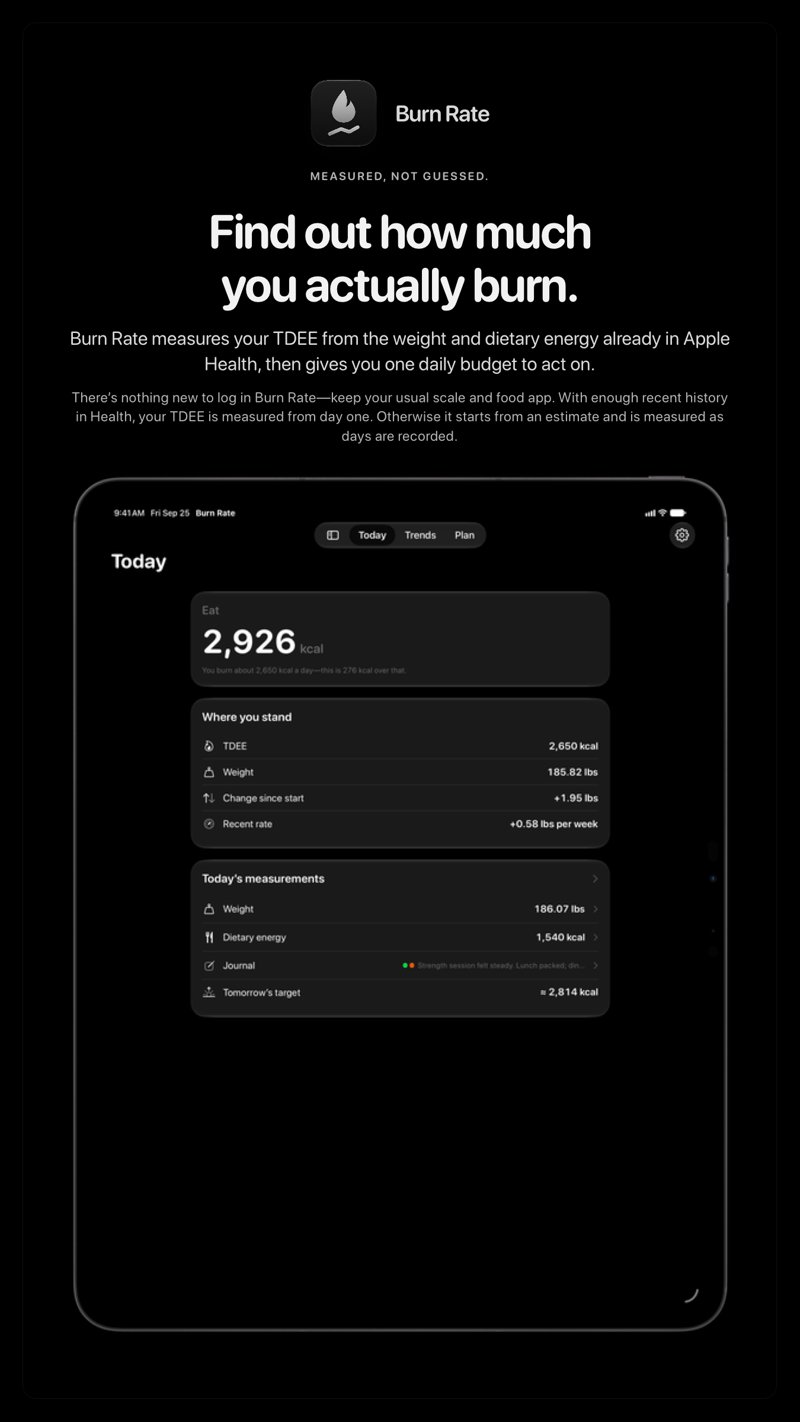 The Burn Rate share image, showing the app on iPad Pro 13-inch with its icon, name and headline for the gain story, in the Grey tint, dark appearance.