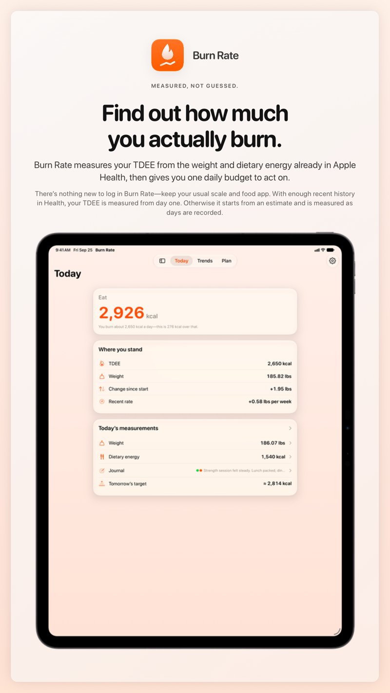 The Burn Rate share image, showing the app on iPad Pro 13-inch with its icon, name and headline for the gain story, in the Orange tint, light appearance.