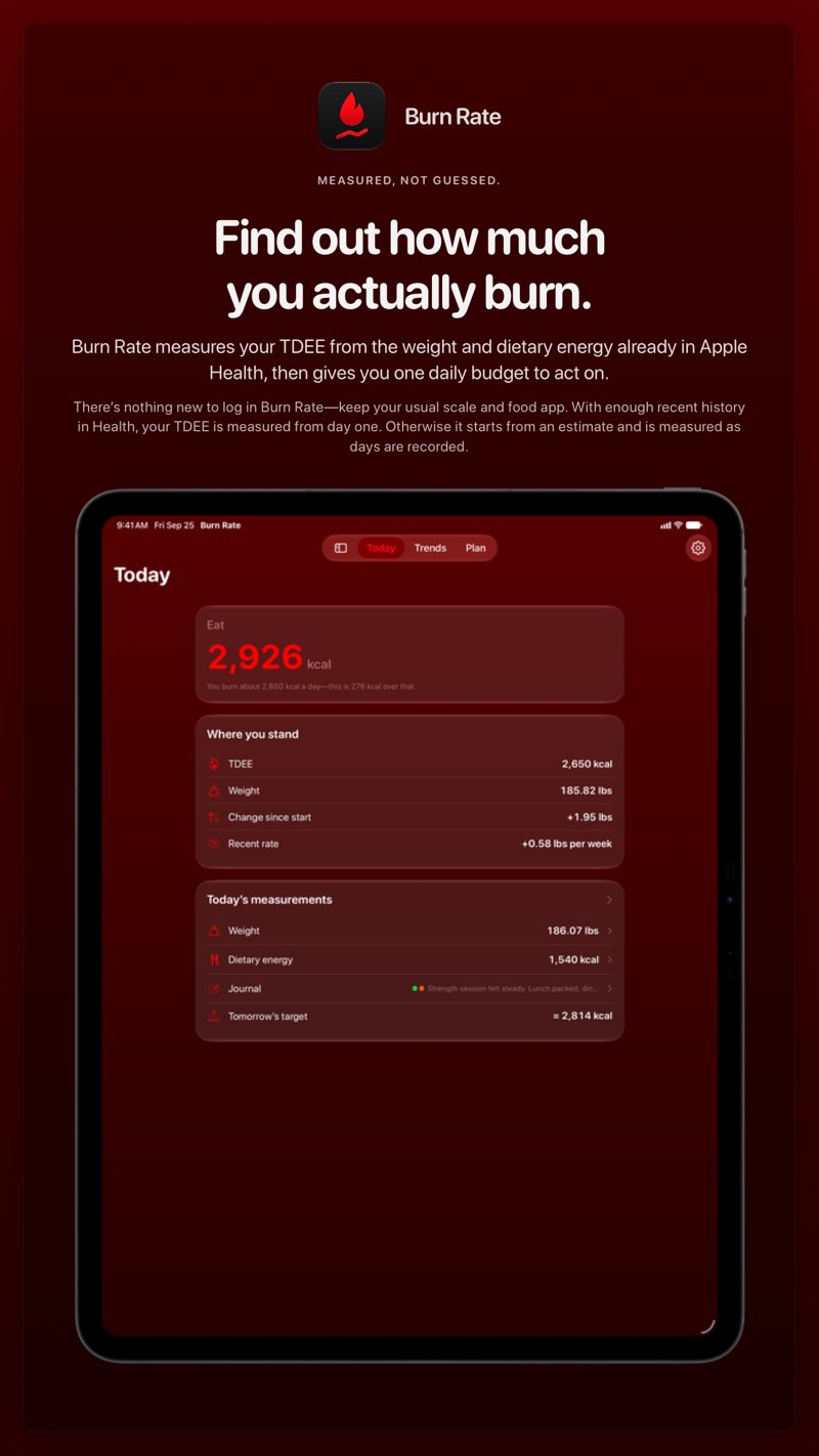 The Burn Rate share image, showing the app on iPad Pro 13-inch with its icon, name and headline for the gain story, in the Red tint, dark appearance.