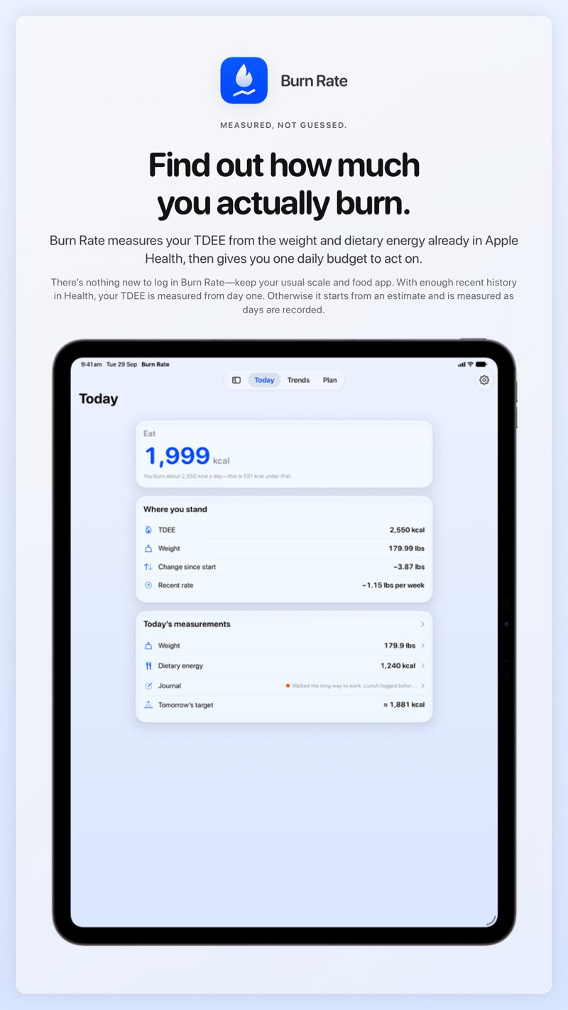 The Burn Rate share image, showing the app on iPad Pro 13-inch with its icon, name and headline for the loss story, in the Blue tint, light appearance.
