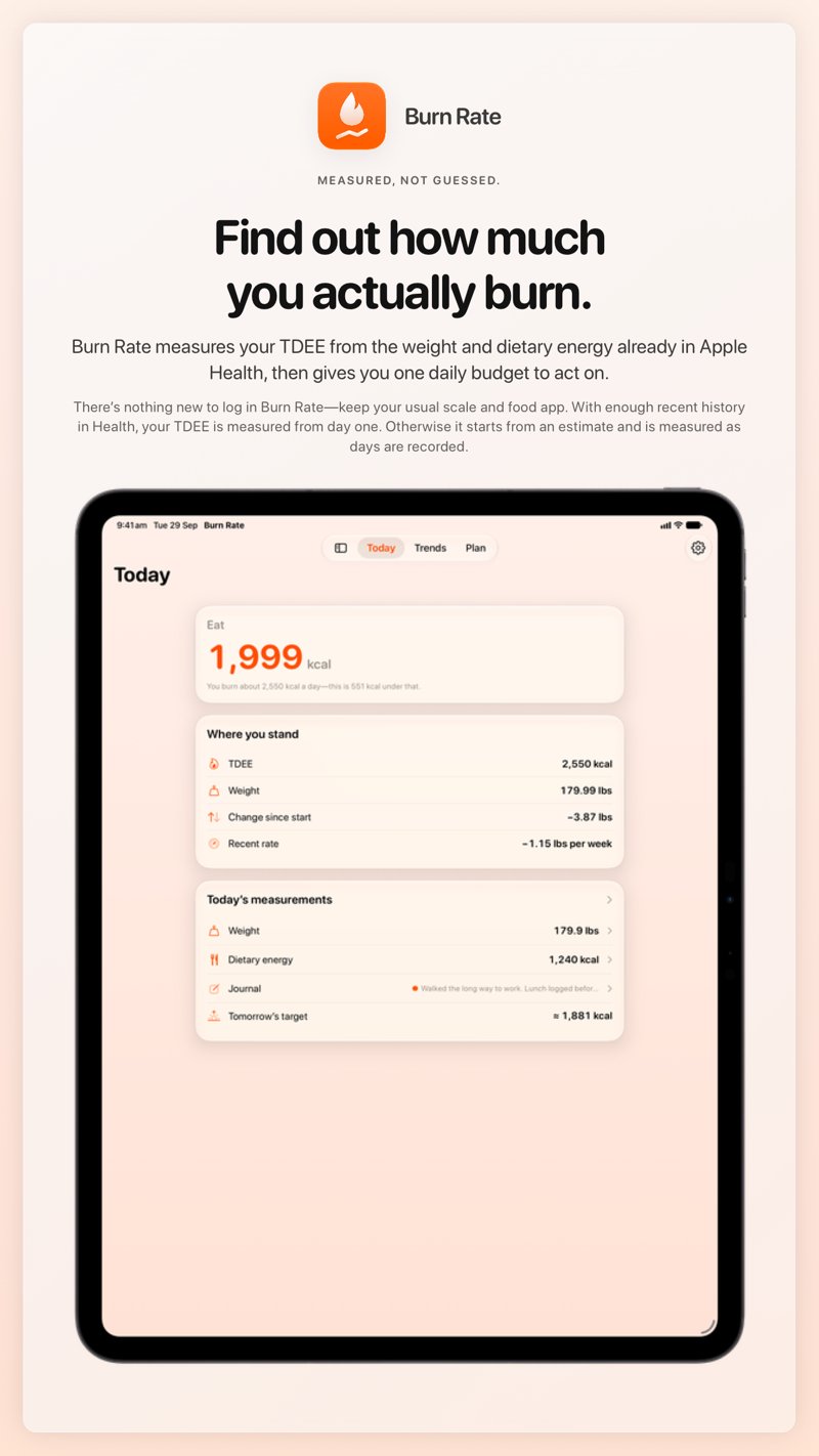 The Burn Rate share image, showing the app on iPad Pro 13-inch with its icon, name and headline for the loss story, in the Orange tint, light appearance.