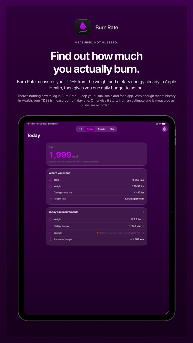 The Burn Rate share image, showing the app on iPad Pro 13-inch with its icon, name and headline for the loss story, in the Purple tint, dark appearance.