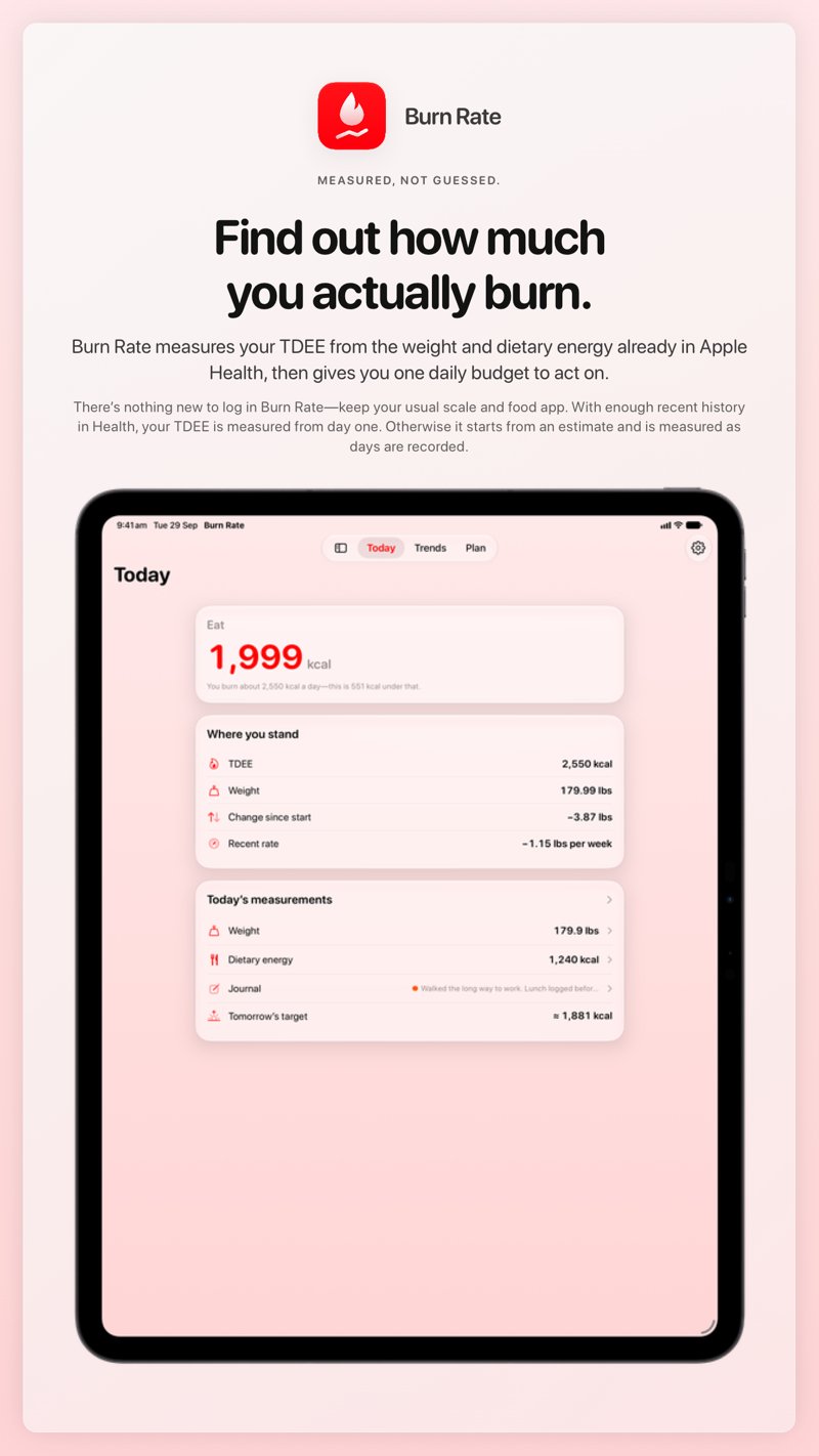 The Burn Rate share image, showing the app on iPad Pro 13-inch with its icon, name and headline for the loss story, in the Red tint, light appearance.