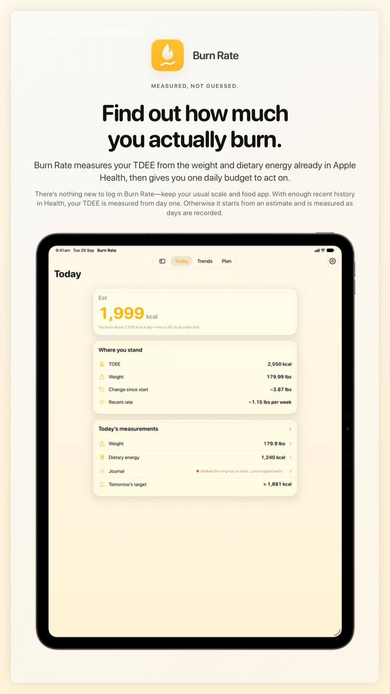 The Burn Rate share image, showing the app on iPad Pro 13-inch with its icon, name and headline for the loss story, in the Yellow tint, light appearance.
