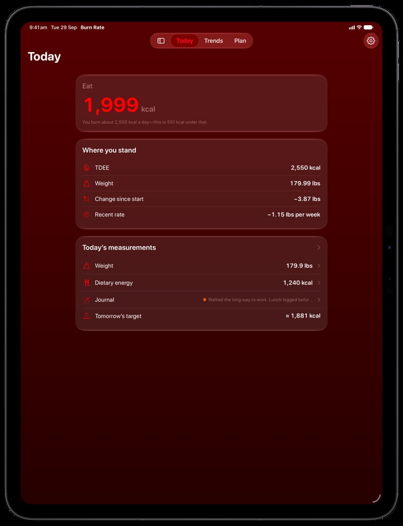 Burn Rate on iPad Pro 13-inch showing Home for the loss story, in the Red tint, dark appearance.