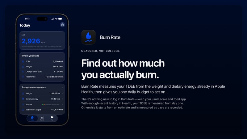 The Burn Rate share image, showing the app on iPhone 18 Pro Max with its icon, name and headline for the gain story, in the Blue tint, dark appearance.